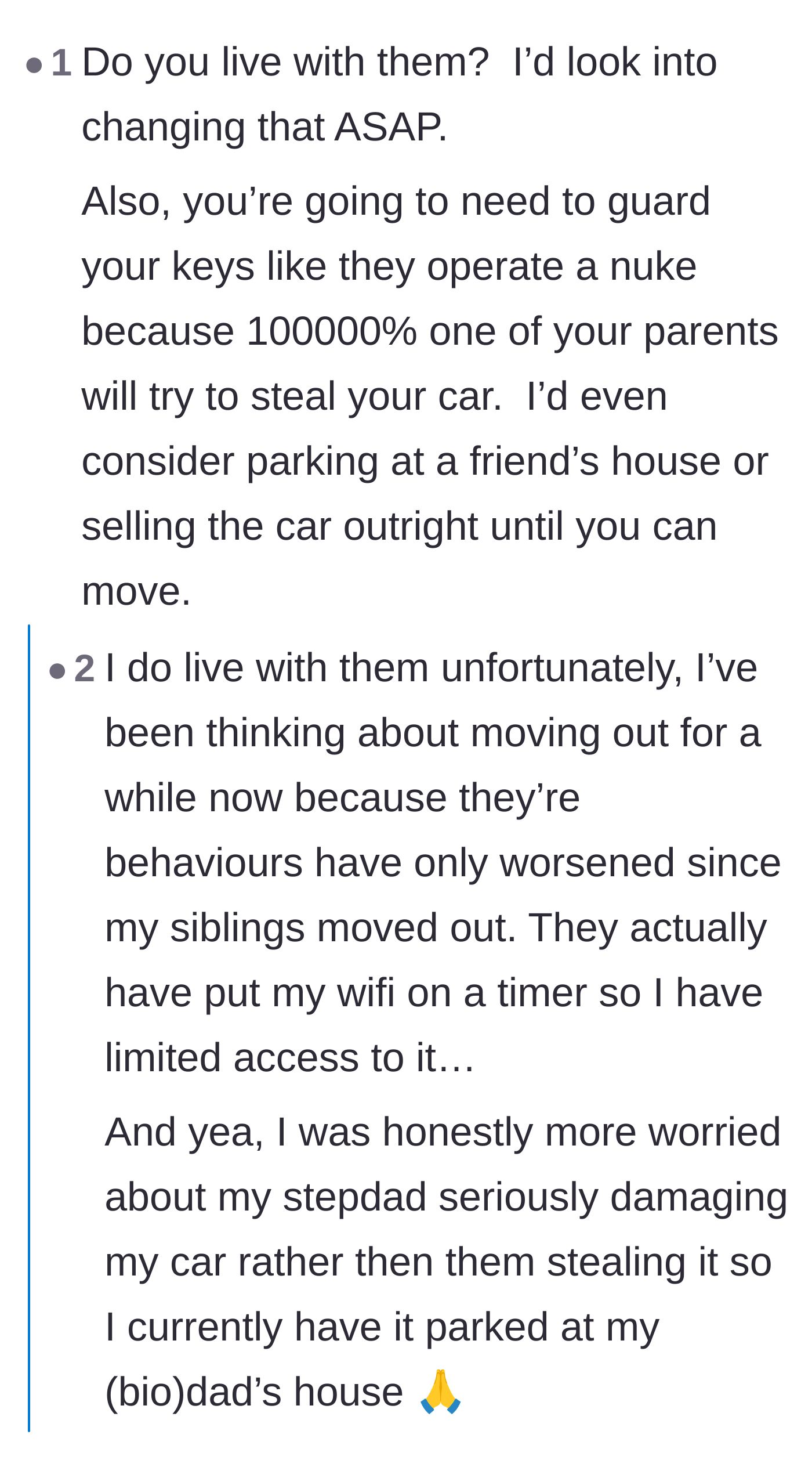 Comment thread 5 - A practical brainstorming session on escape routes, including moving to her biological father's house or looking into trade schools.