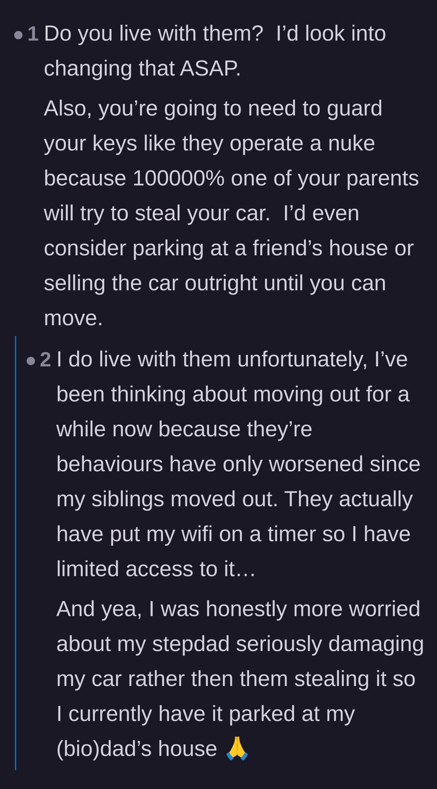 Comment thread 5 - A practical brainstorming session on escape routes, including moving to her biological father's house or looking into trade schools.