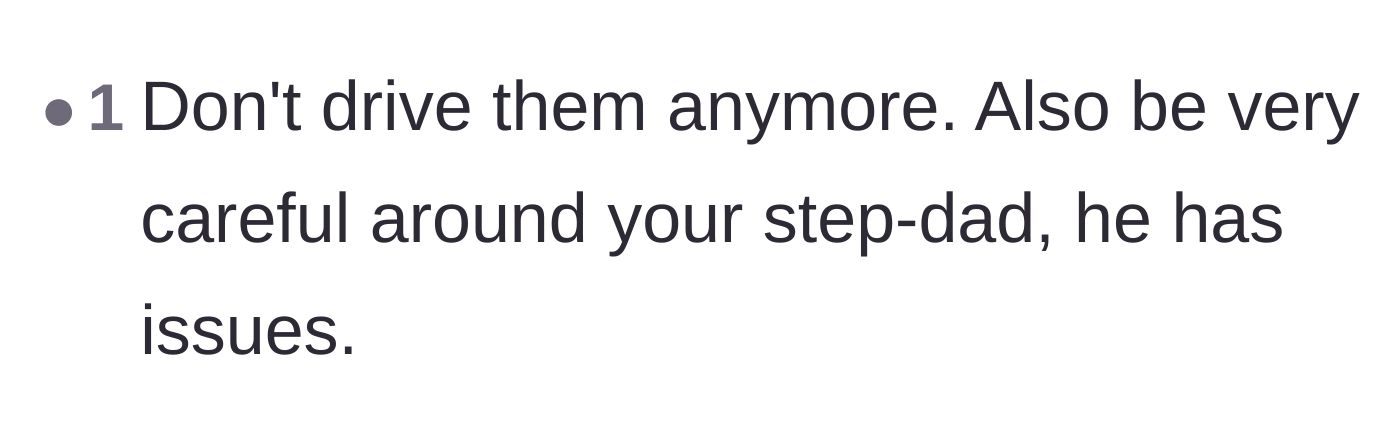 Comment thread 6 - A straightforward warning about the stepdad's alarming behavioral issues and a plea for the driver to stay safe.