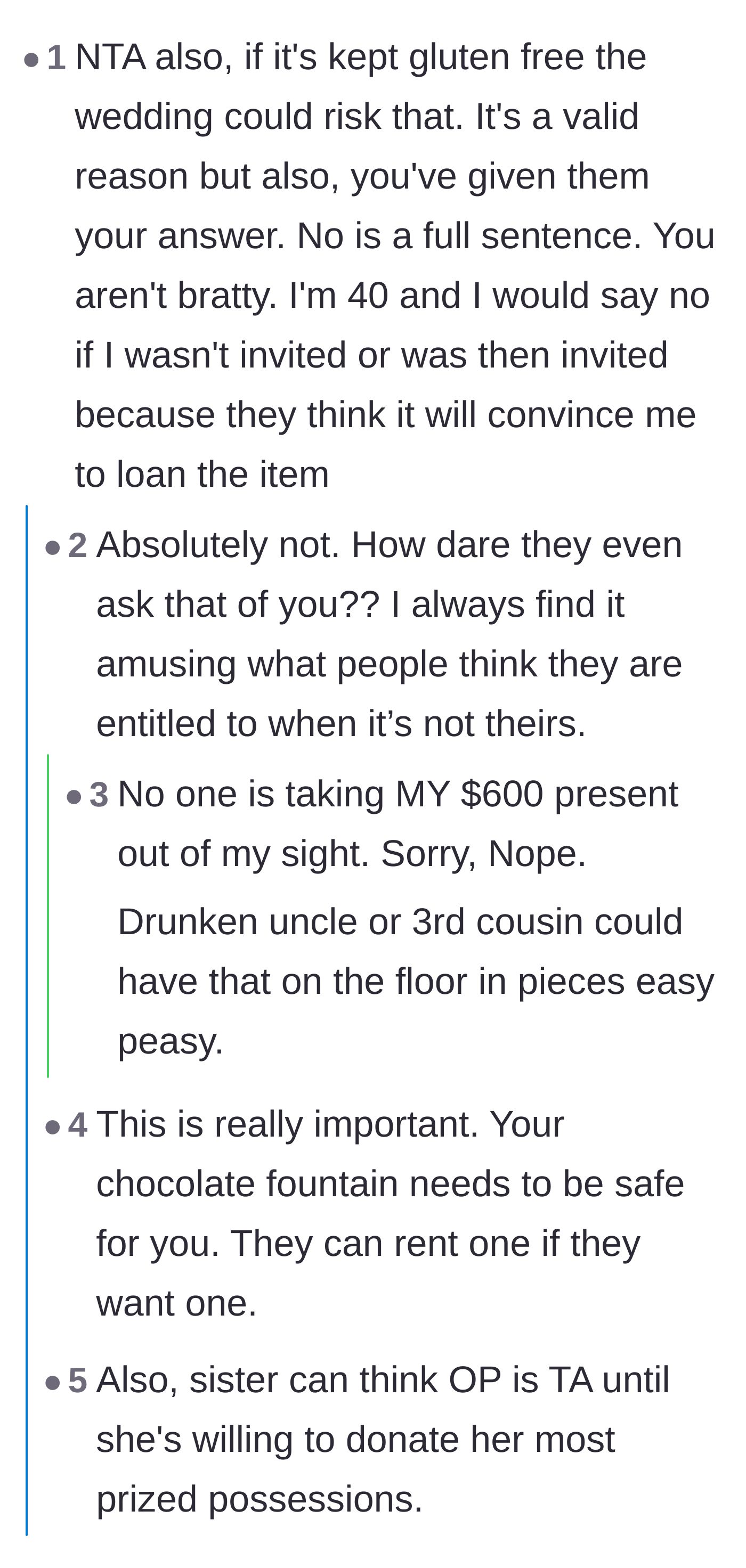 Comment thread 1 - A discussion on how wedding guests could easily break the expensive machine and why 'no' is a complete sentence.