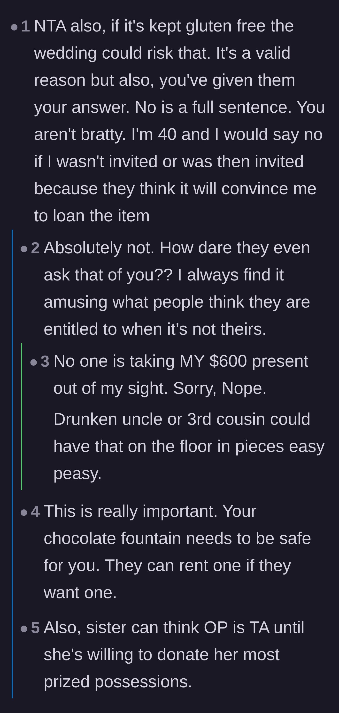 Comment thread 1 - A discussion on how wedding guests could easily break the expensive machine and why 'no' is a complete sentence.