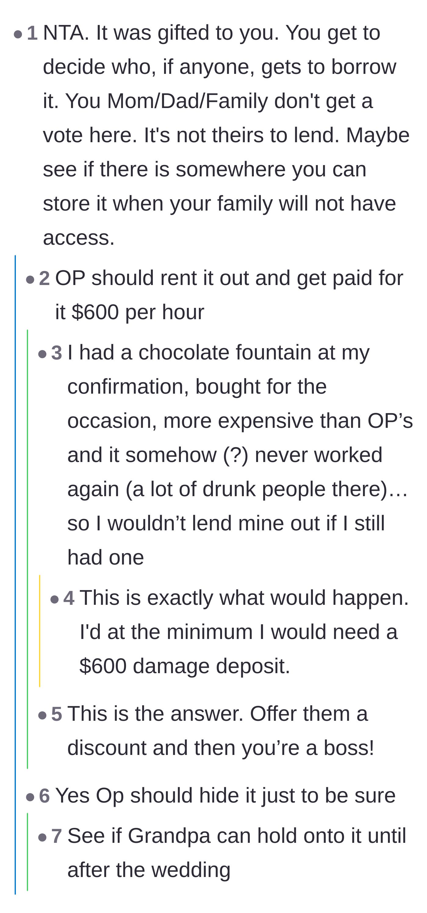 Comment thread 2 - Suggestions for the teen to rent out the fountain for a massive fee or hide it safely with her grandfather.