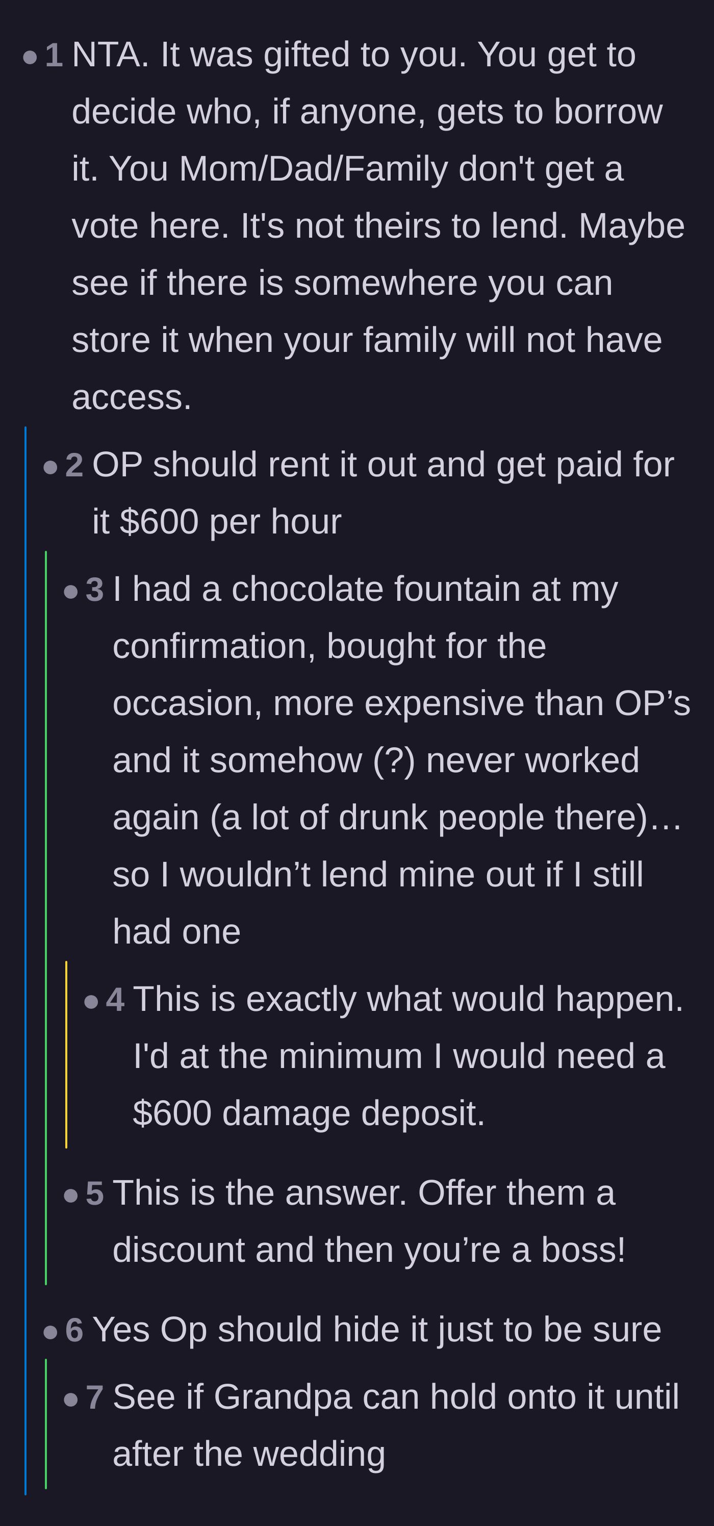 Comment thread 2 - Suggestions for the teen to rent out the fountain for a massive fee or hide it safely with her grandfather.