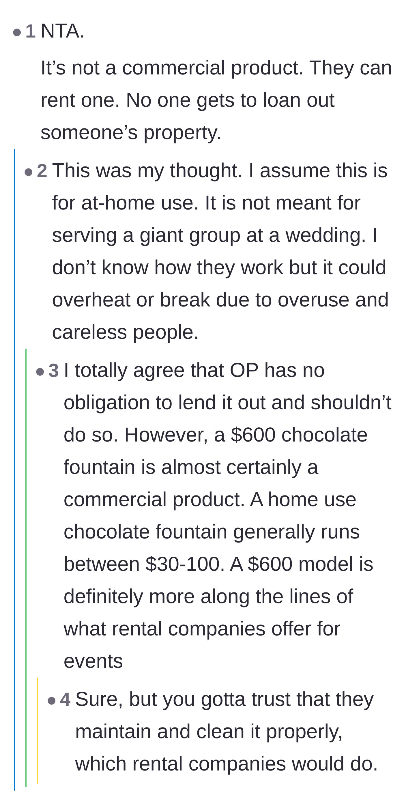 Comment thread 4 - A debate on whether a $600 fountain is built for commercial wedding use and the risks of negligent maintenance.