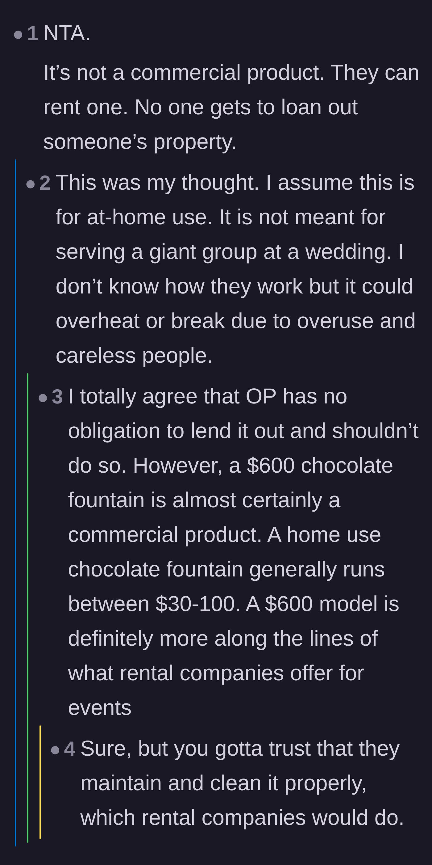 Comment thread 4 - A debate on whether a $600 fountain is built for commercial wedding use and the risks of negligent maintenance.