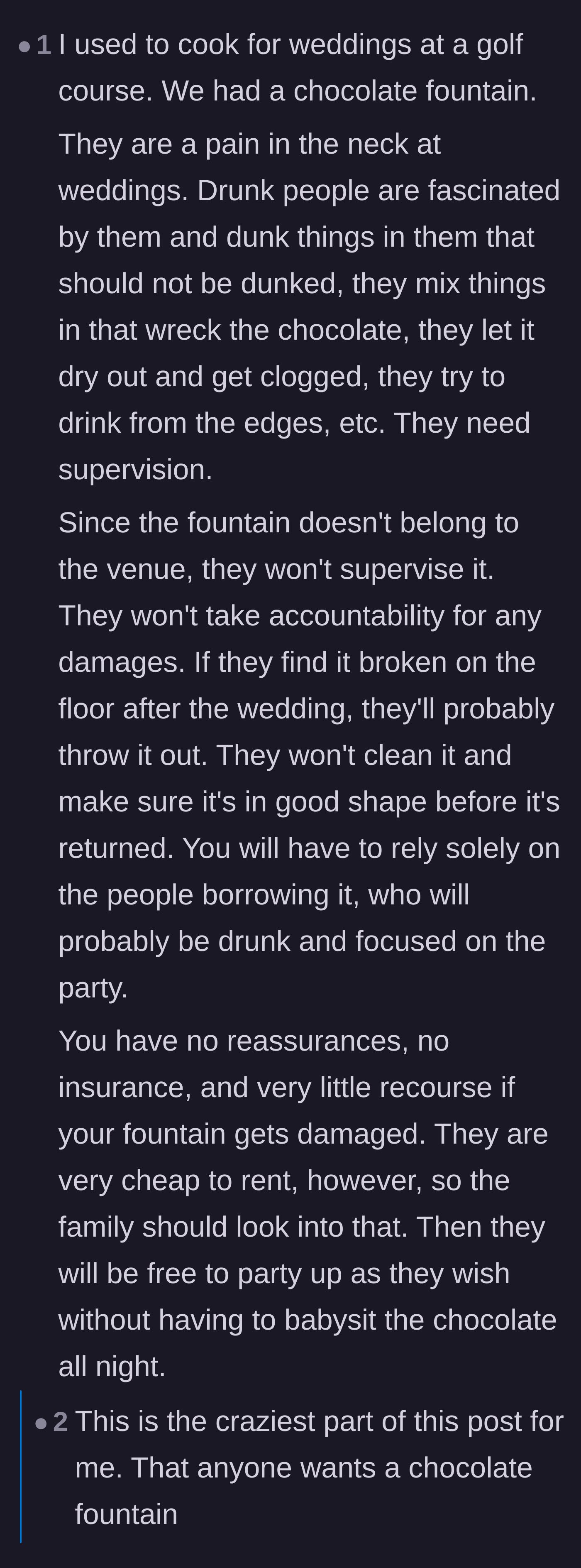 Comment thread 5 - A former wedding caterer detailing the horrific, messy things drunk guests do to chocolate fountains.
