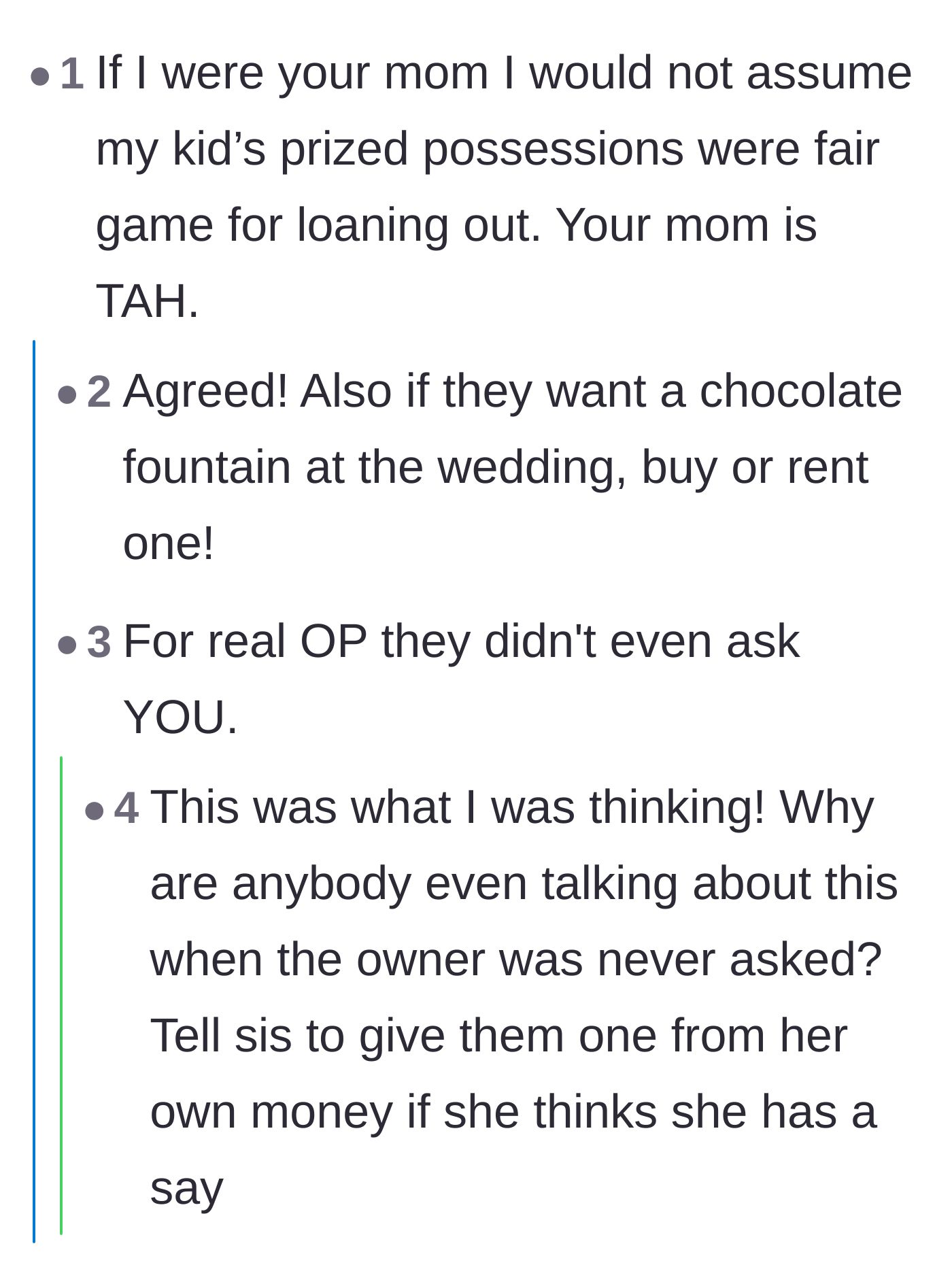 Comment thread 6 - Readers calling out the mom for offering up her daughter's prized possession without asking her first.