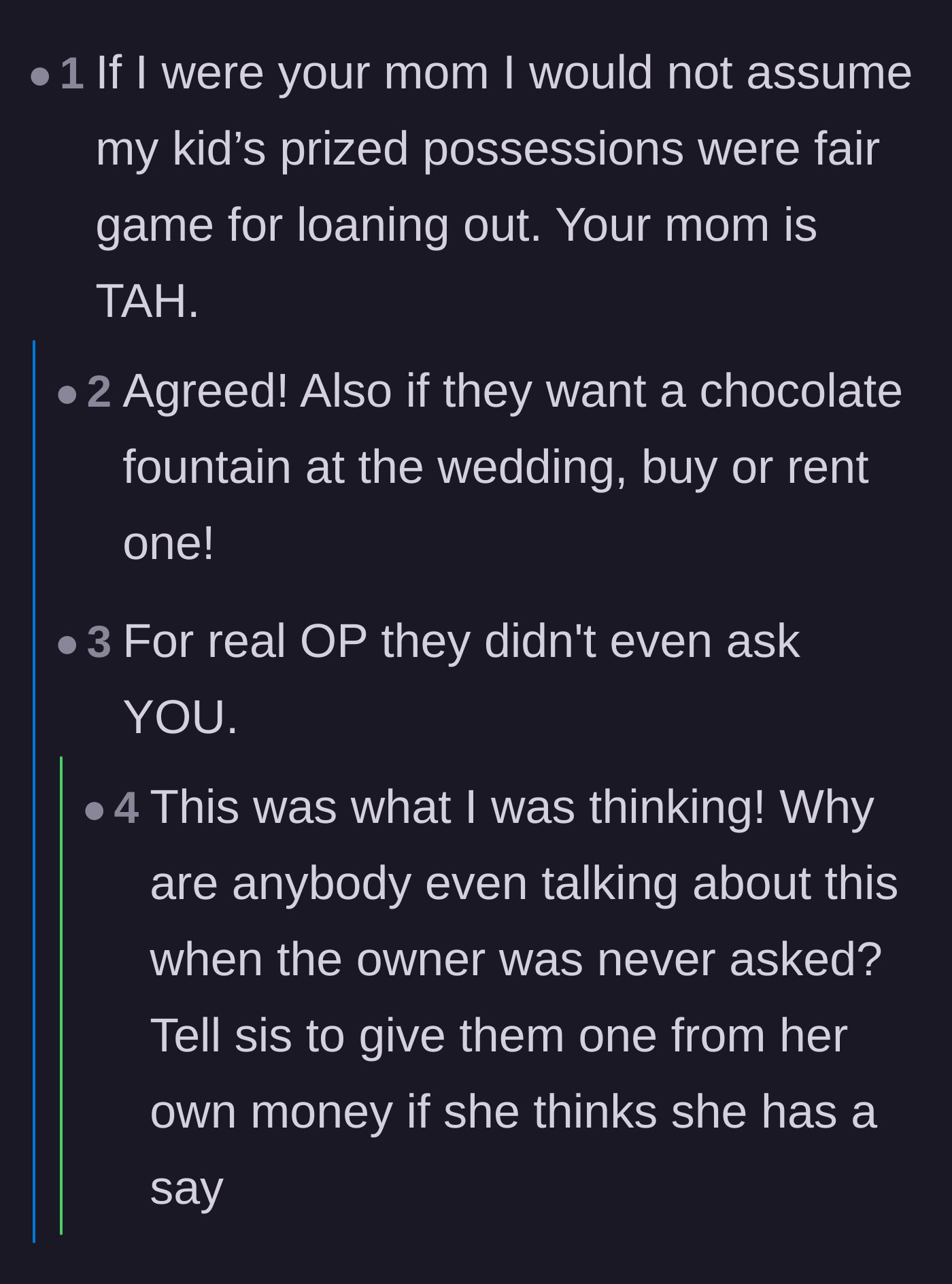 Comment thread 6 - Readers calling out the mom for offering up her daughter's prized possession without asking her first.
