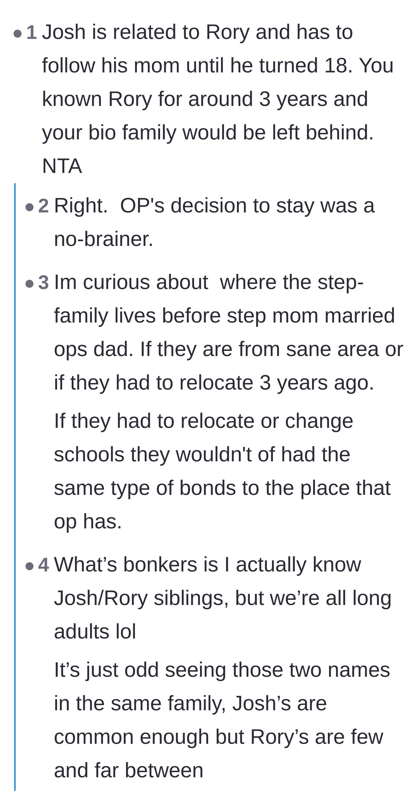 Comment thread 1 - Readers pointing out the massive difference between biological siblings moving and a stepchild of three years doing the same.