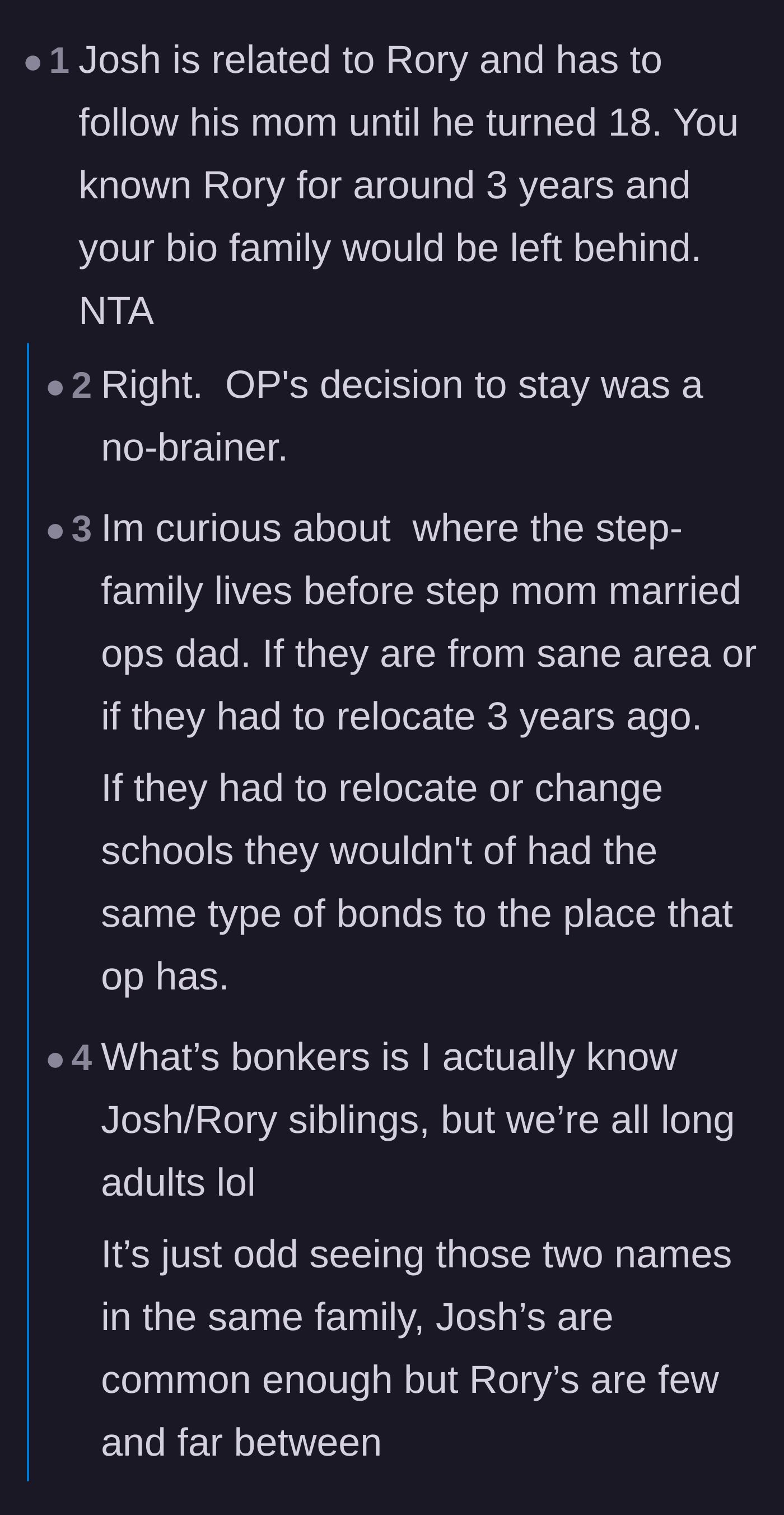 Comment thread 1 - Readers pointing out the massive difference between biological siblings moving and a stepchild of three years doing the same.