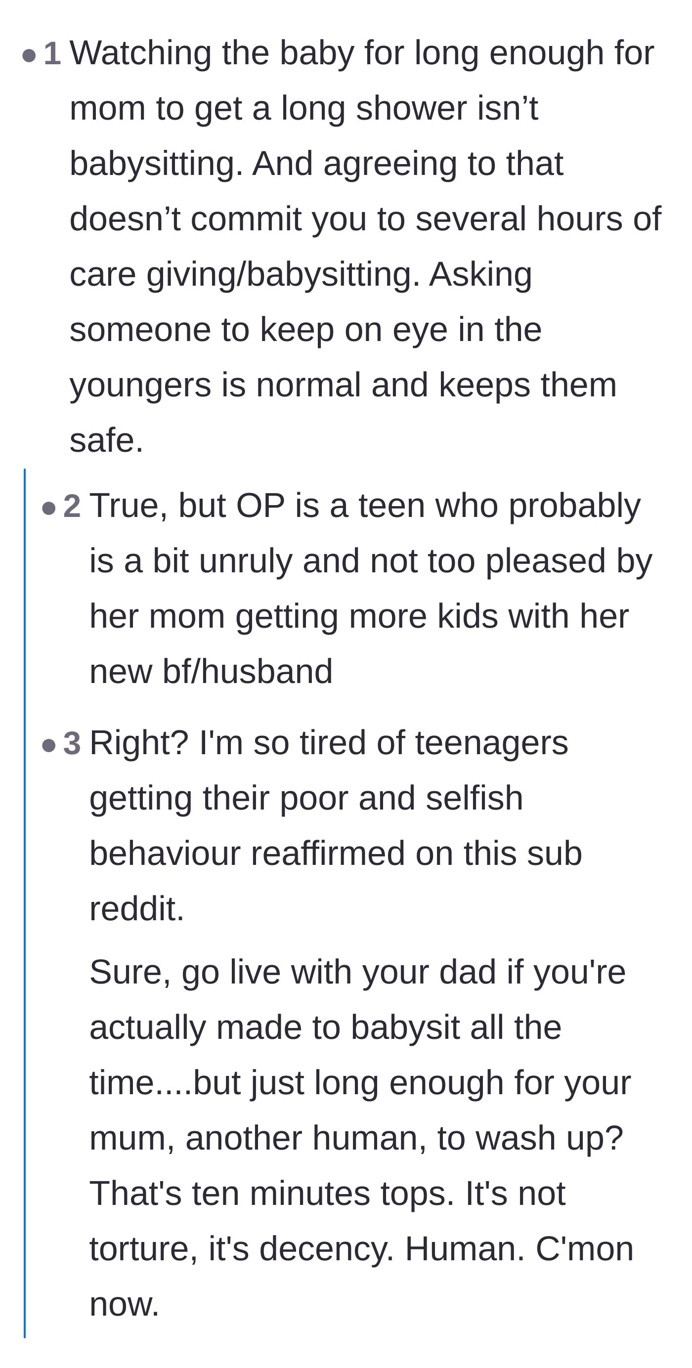 Comment thread 2 - A fierce debate over whether a quick babysitting favor for a shower counts as parentification