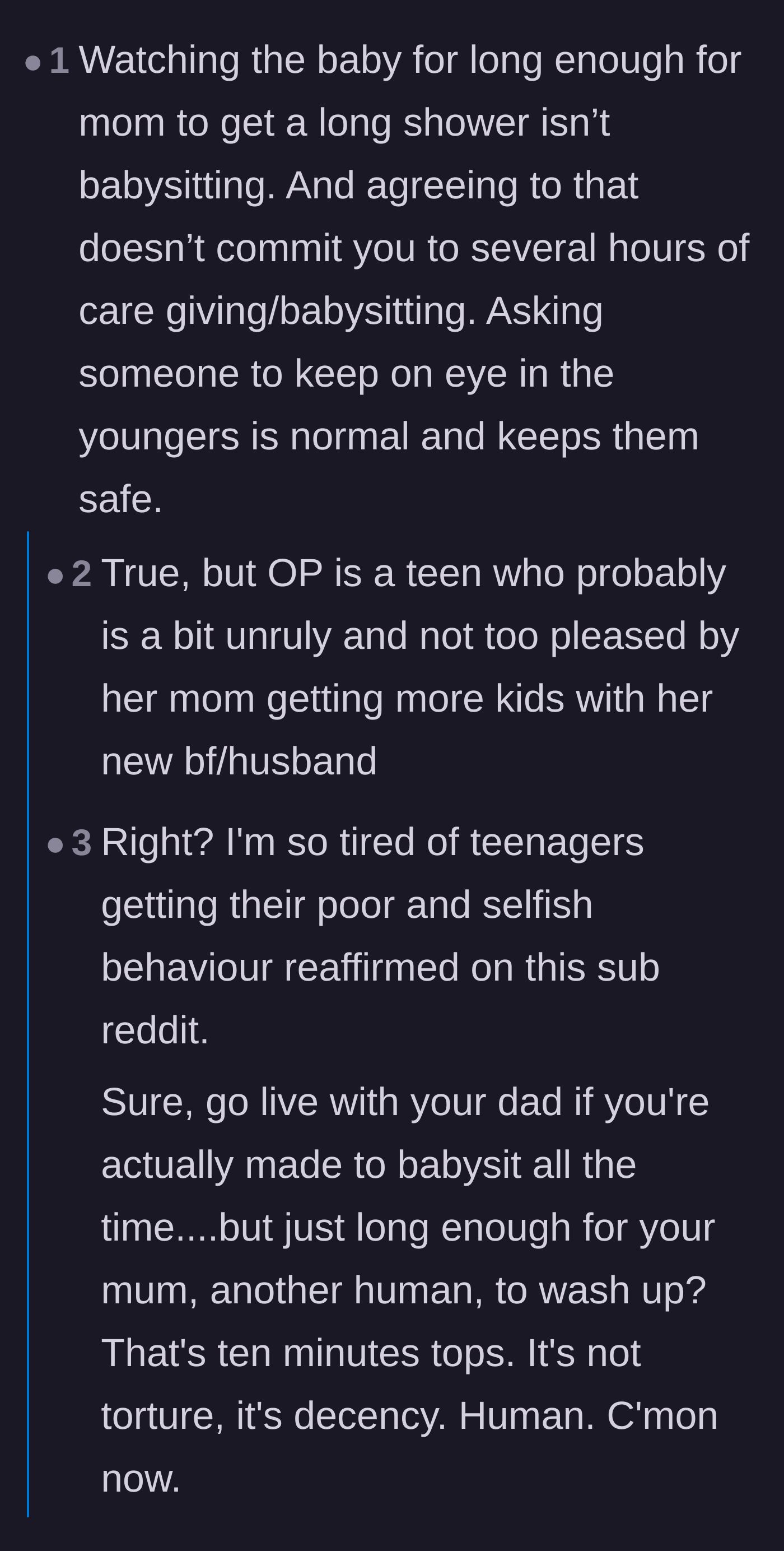 Comment thread 2 - A fierce debate over whether a quick babysitting favor for a shower counts as parentification