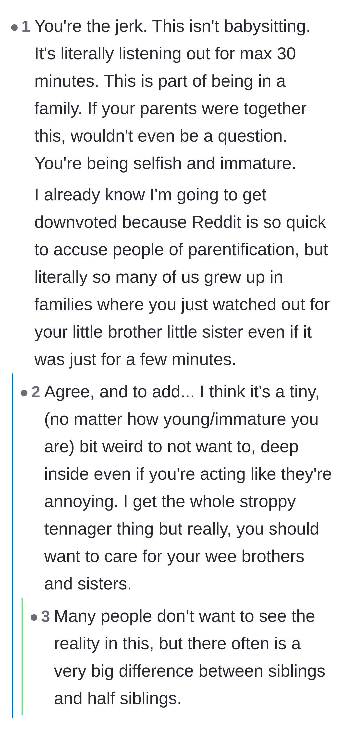 Comment thread 6 - A defense of the traditional 'village' mentality, claiming the teen is immature for not wanting to help