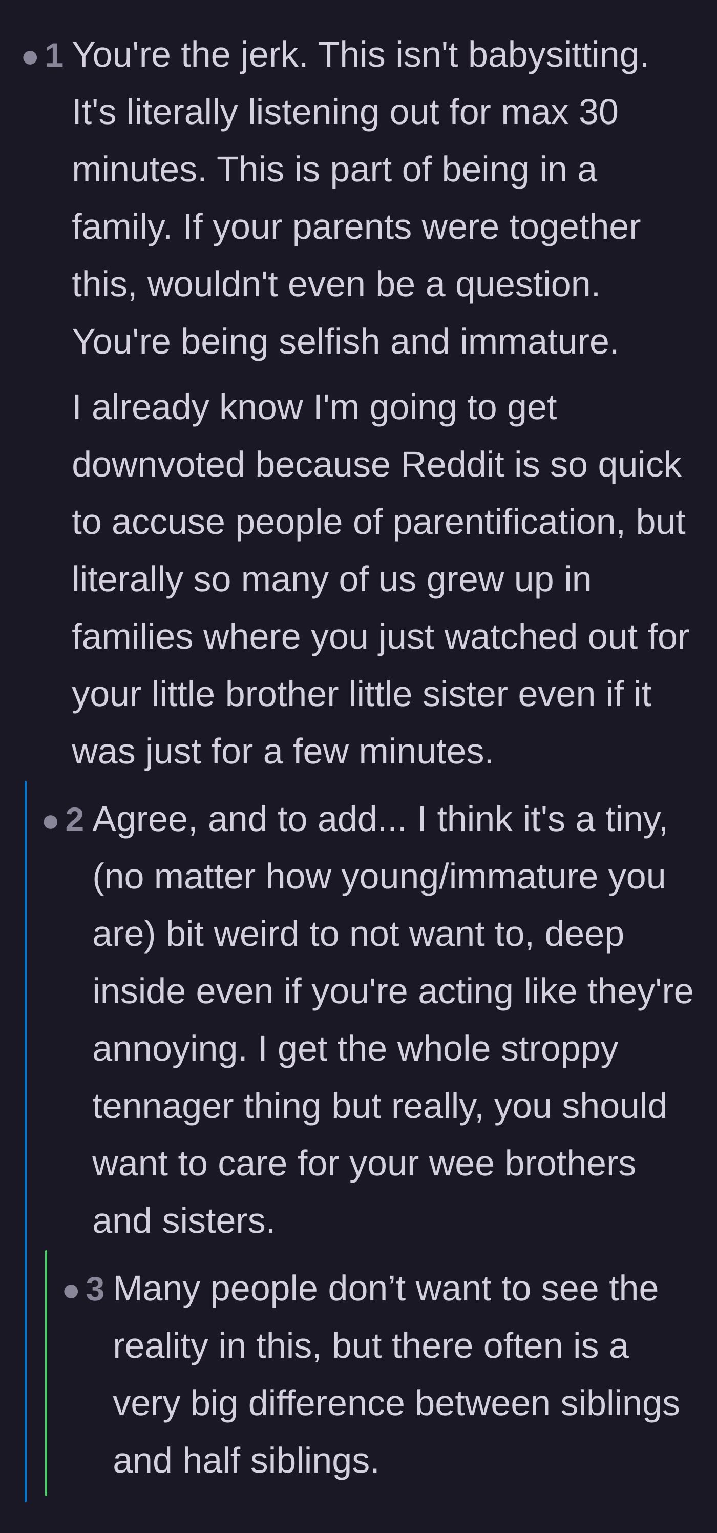 Comment thread 6 - A defense of the traditional 'village' mentality, claiming the teen is immature for not wanting to help