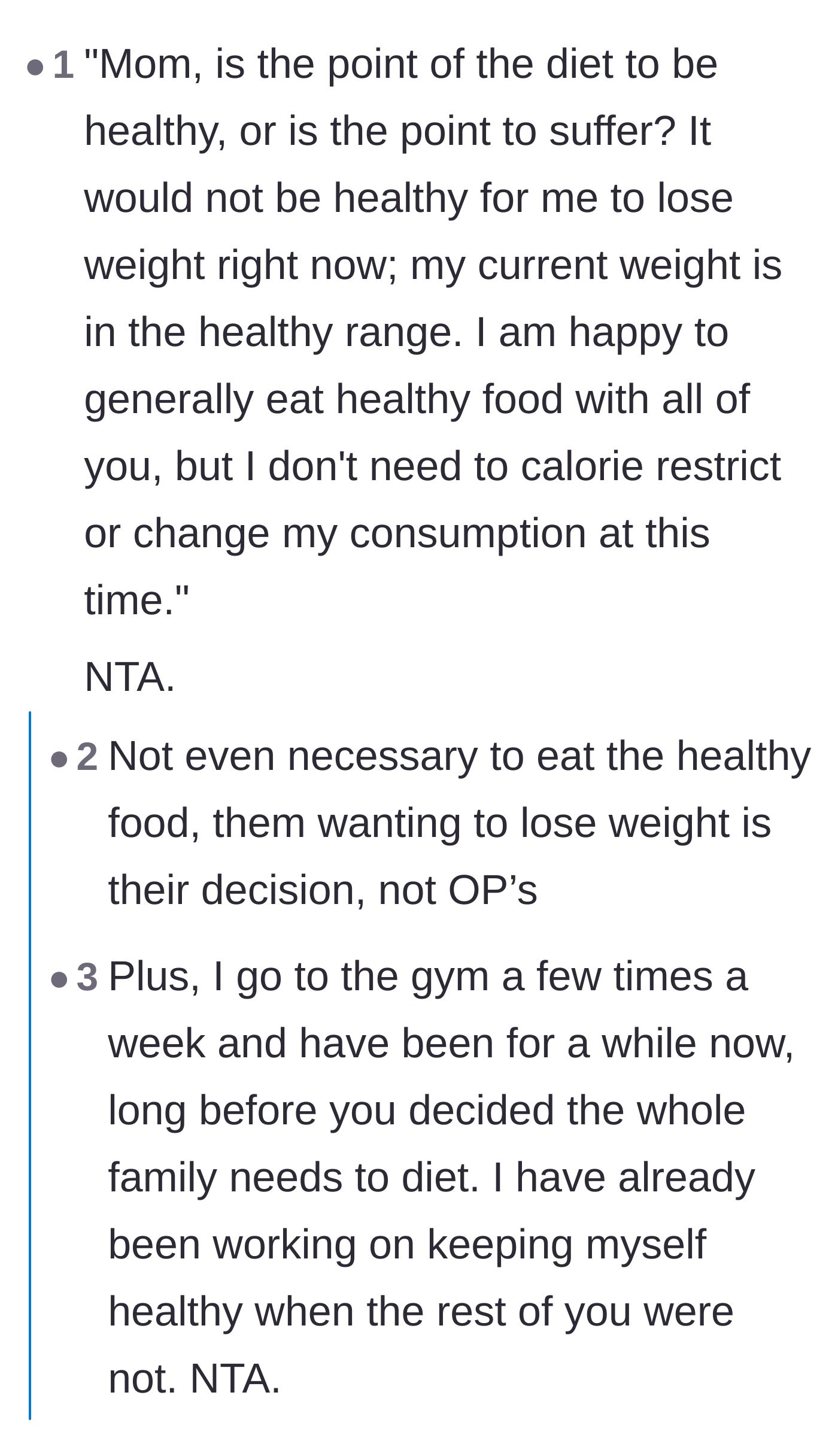 Comment thread 1 - Readers suggest a script for the teen to ask if her mother's diet is about health or just shared suffering.