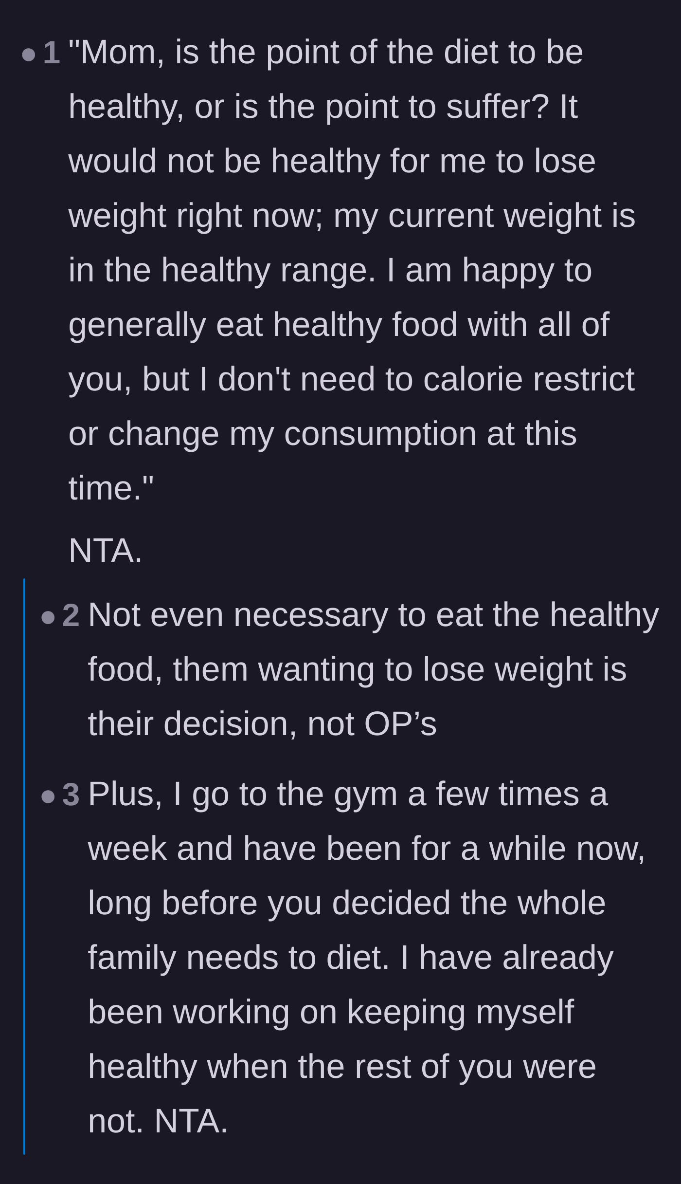 Comment thread 1 - Readers suggest a script for the teen to ask if her mother's diet is about health or just shared suffering.