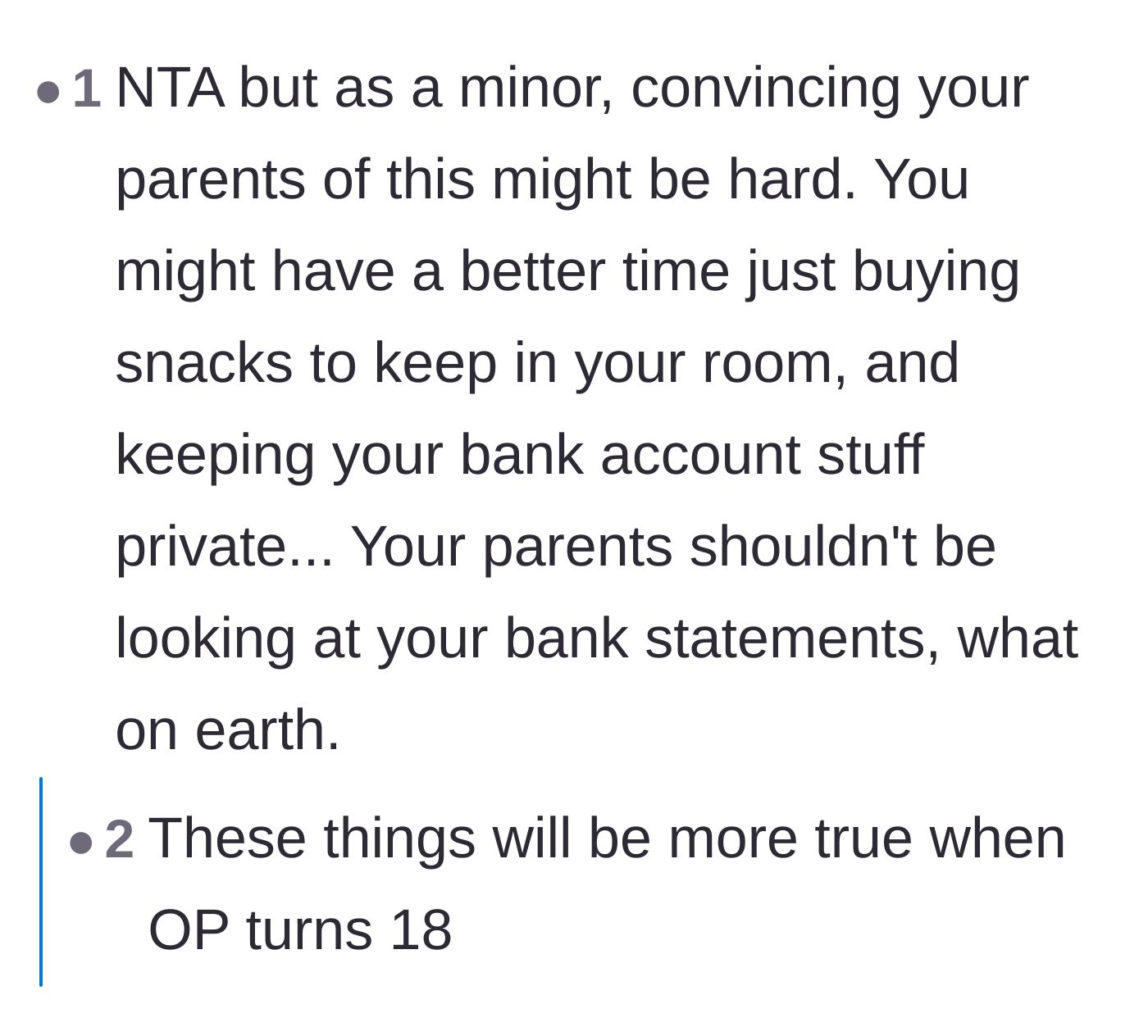 Comment thread 2 - A reader advises the teenager to keep her snacks and bank account private since her parents shouldn't be snooping.