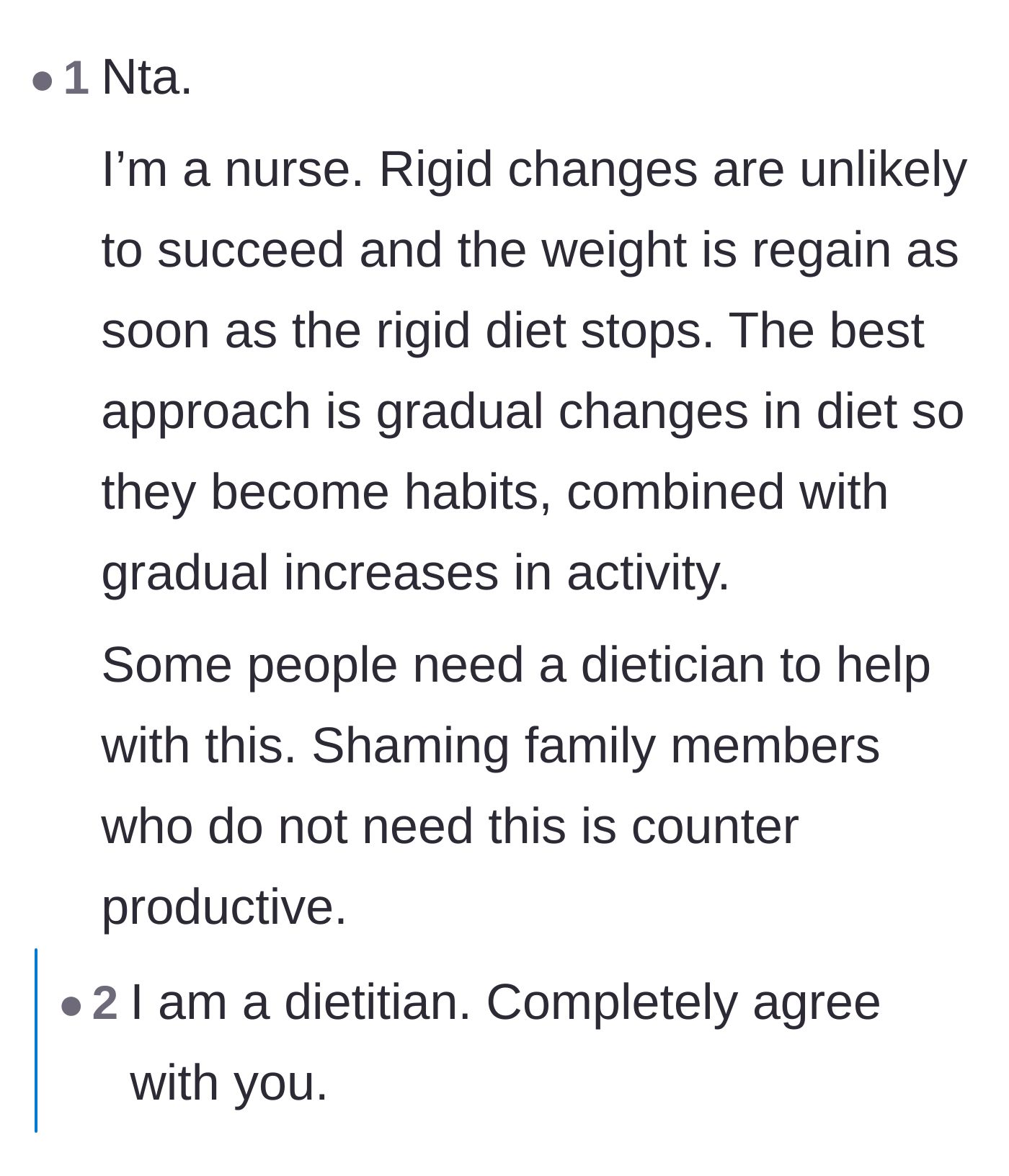 Comment thread 3 - Healthcare professionals explain that rigid diets usually fail and that shaming family members is counterproductive.