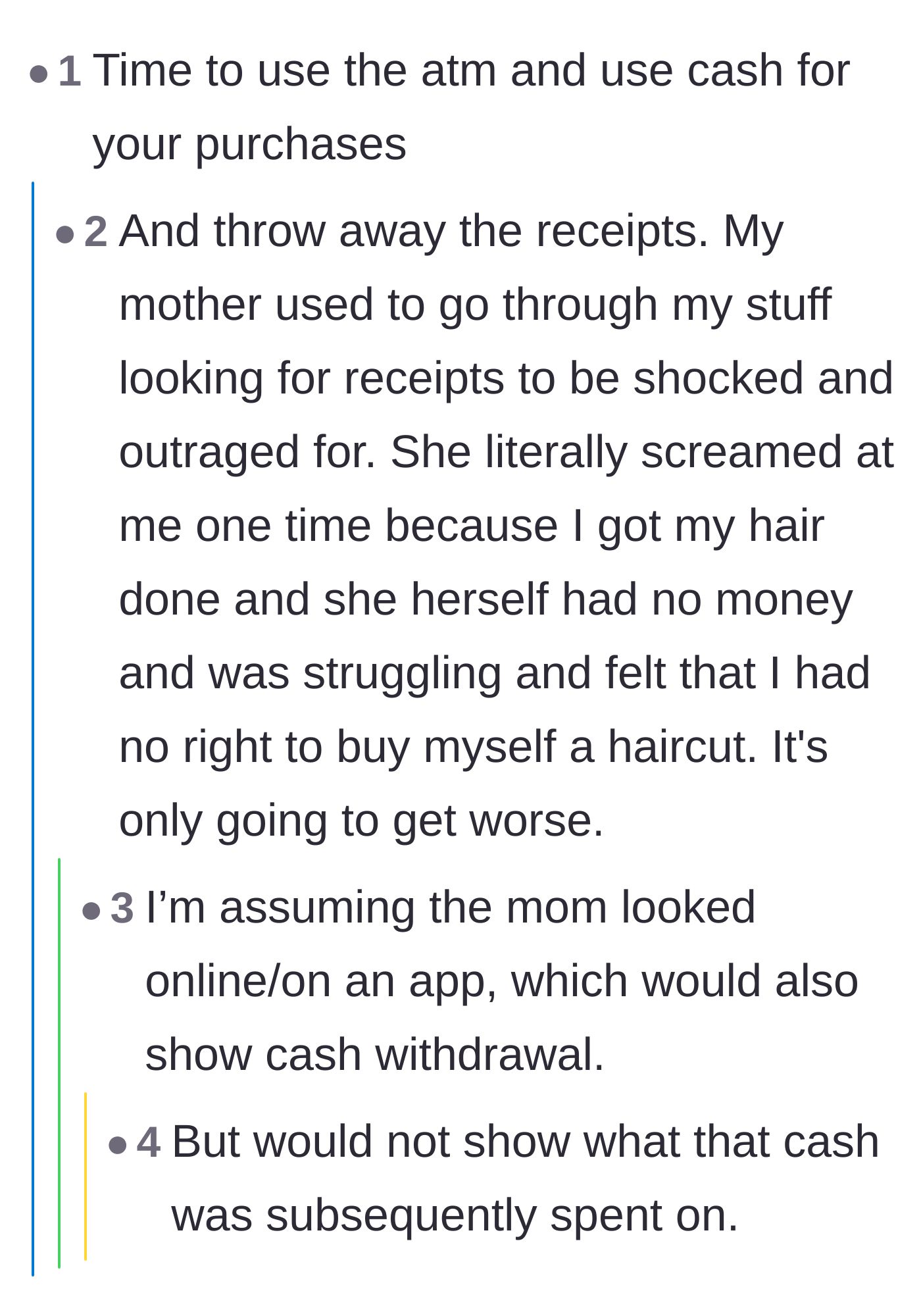 Comment thread 6 - Readers discuss using cash to avoid bank snooping, sharing personal stories of overbearing parents scrutinizing receipts.