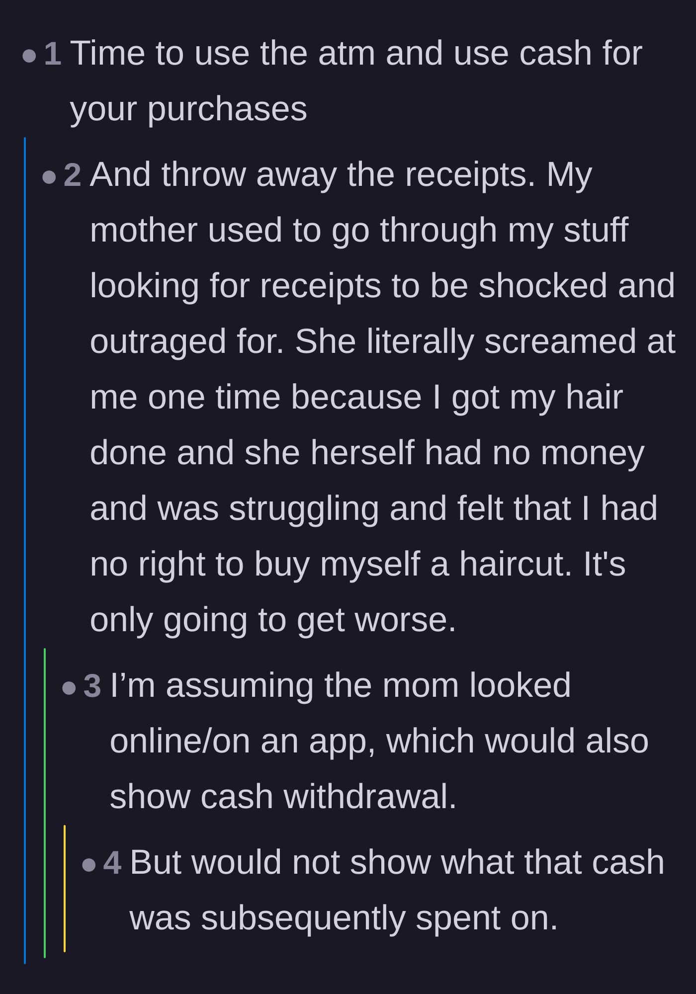 Comment thread 6 - Readers discuss using cash to avoid bank snooping, sharing personal stories of overbearing parents scrutinizing receipts.