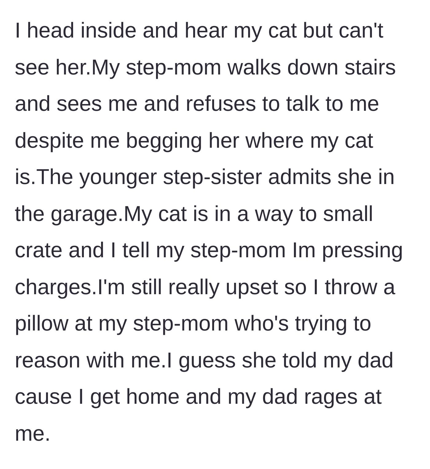 Story part 5 - The teenager forces her way into the stepmother's house, finds her cat stuffed in a tiny crate in the garage, threatens to press charges, and throws a pillow in anger.