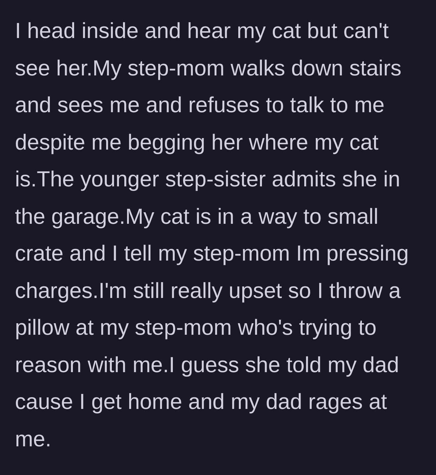 Story part 5 - The teenager forces her way into the stepmother's house, finds her cat stuffed in a tiny crate in the garage, threatens to press charges, and throws a pillow in anger.