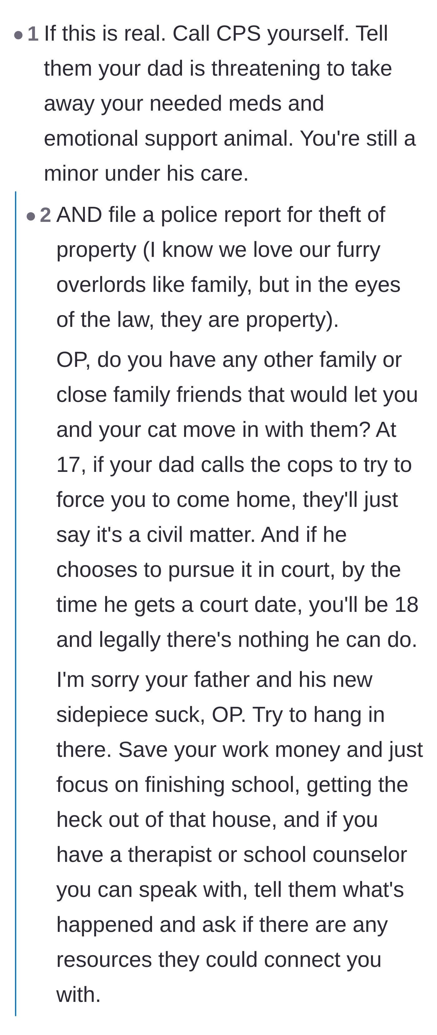 Comment thread 1 - A debate about calling Child Protective Services, filing a police report for pet theft, and the legal property rights of minors.