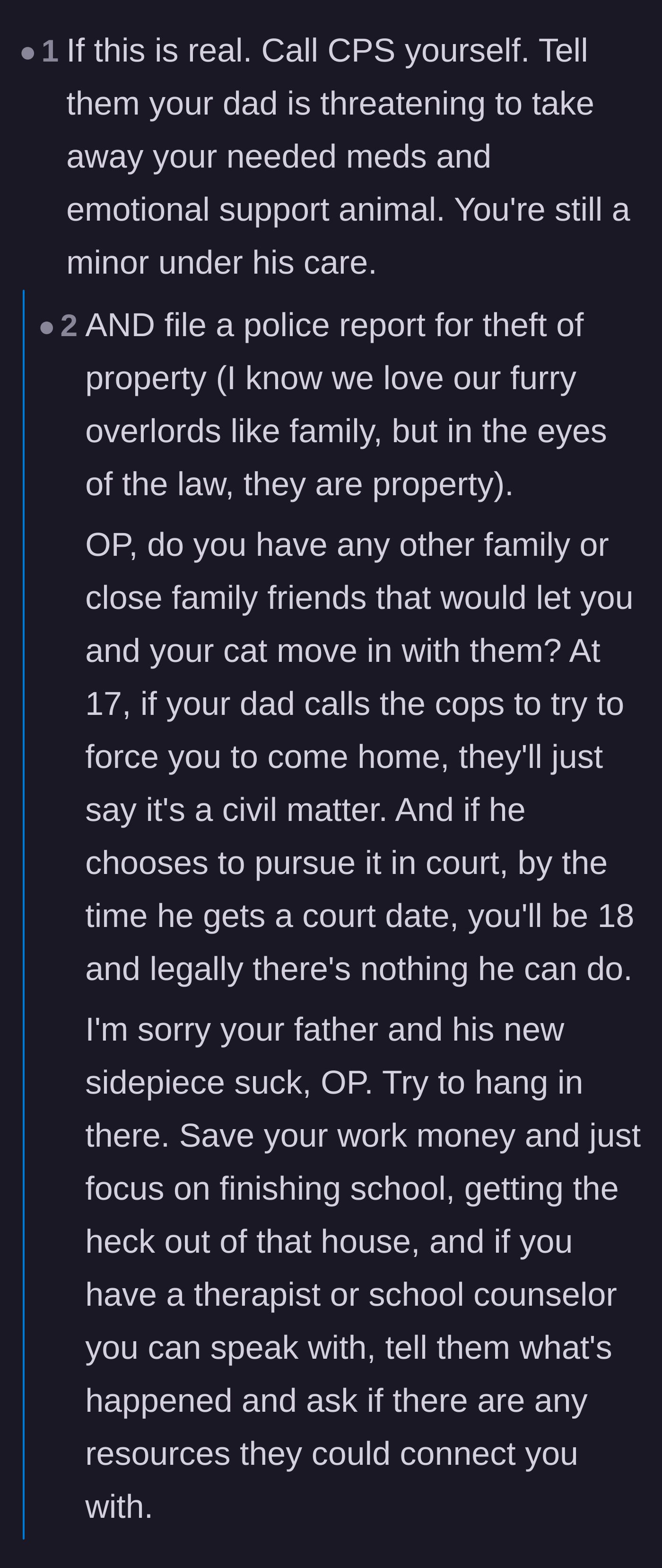 Comment thread 1 - A debate about calling Child Protective Services, filing a police report for pet theft, and the legal property rights of minors.