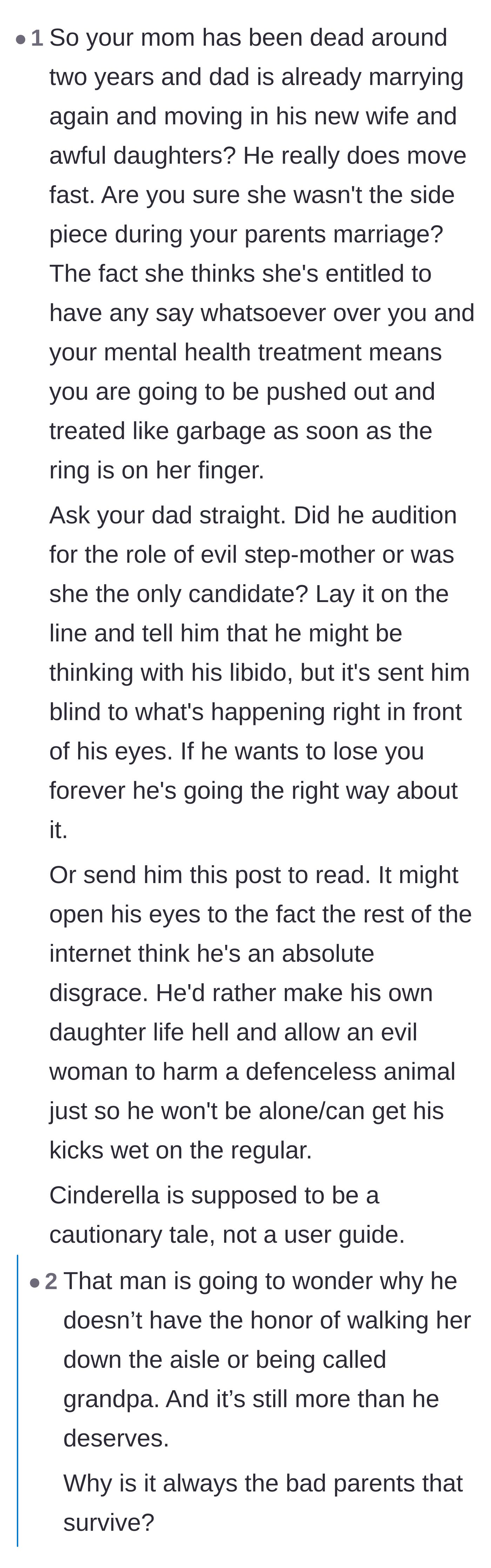Comment thread 5 - A harsh critique of the father's rapid remarriage, accusing him of prioritizing his new relationship over his daughter and comparing the situation to Cinderella.