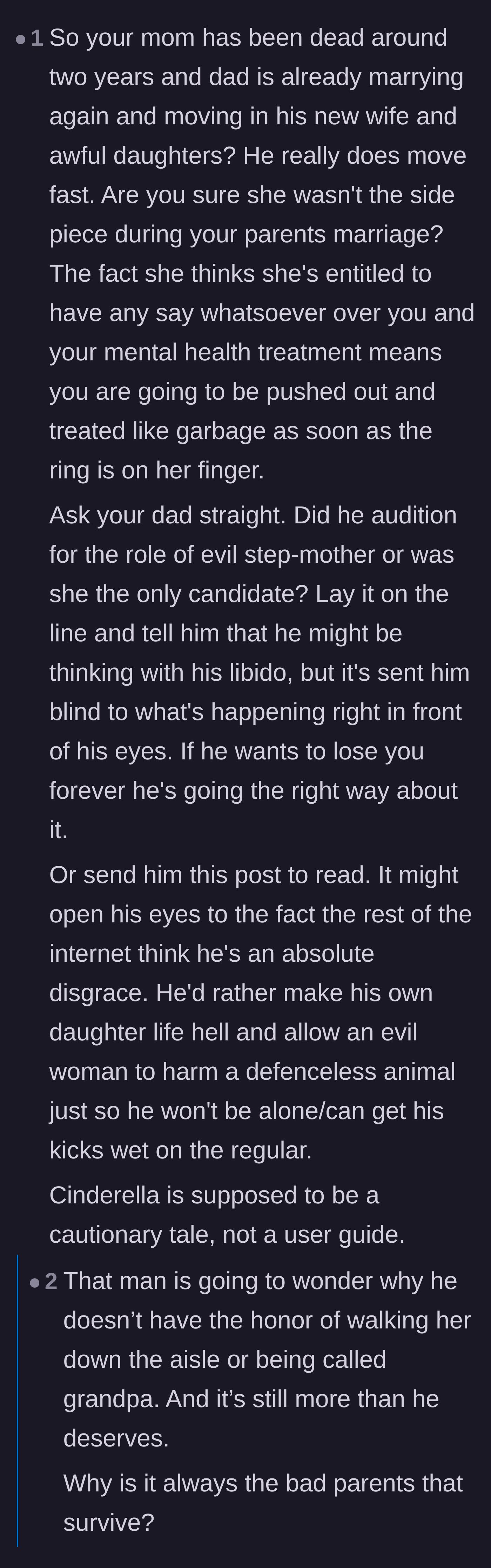 Comment thread 5 - A harsh critique of the father's rapid remarriage, accusing him of prioritizing his new relationship over his daughter and comparing the situation to Cinderella.
