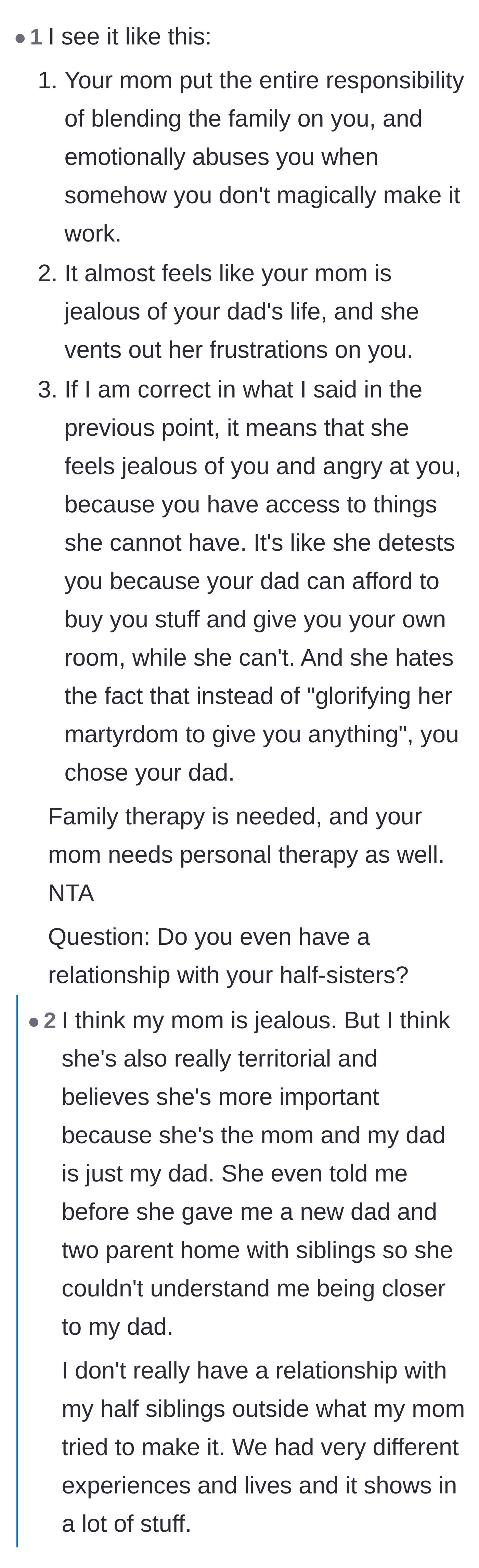 Comment thread 2 - Discussion about the mother having six kids she can't afford and projecting her jealousy onto the teen.