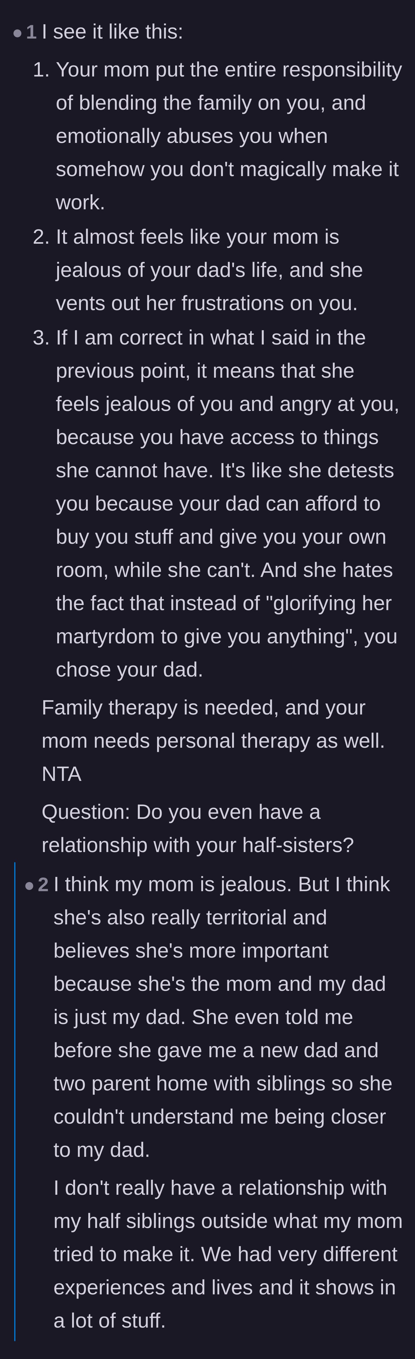 Comment thread 2 - Discussion about the mother having six kids she can't afford and projecting her jealousy onto the teen.