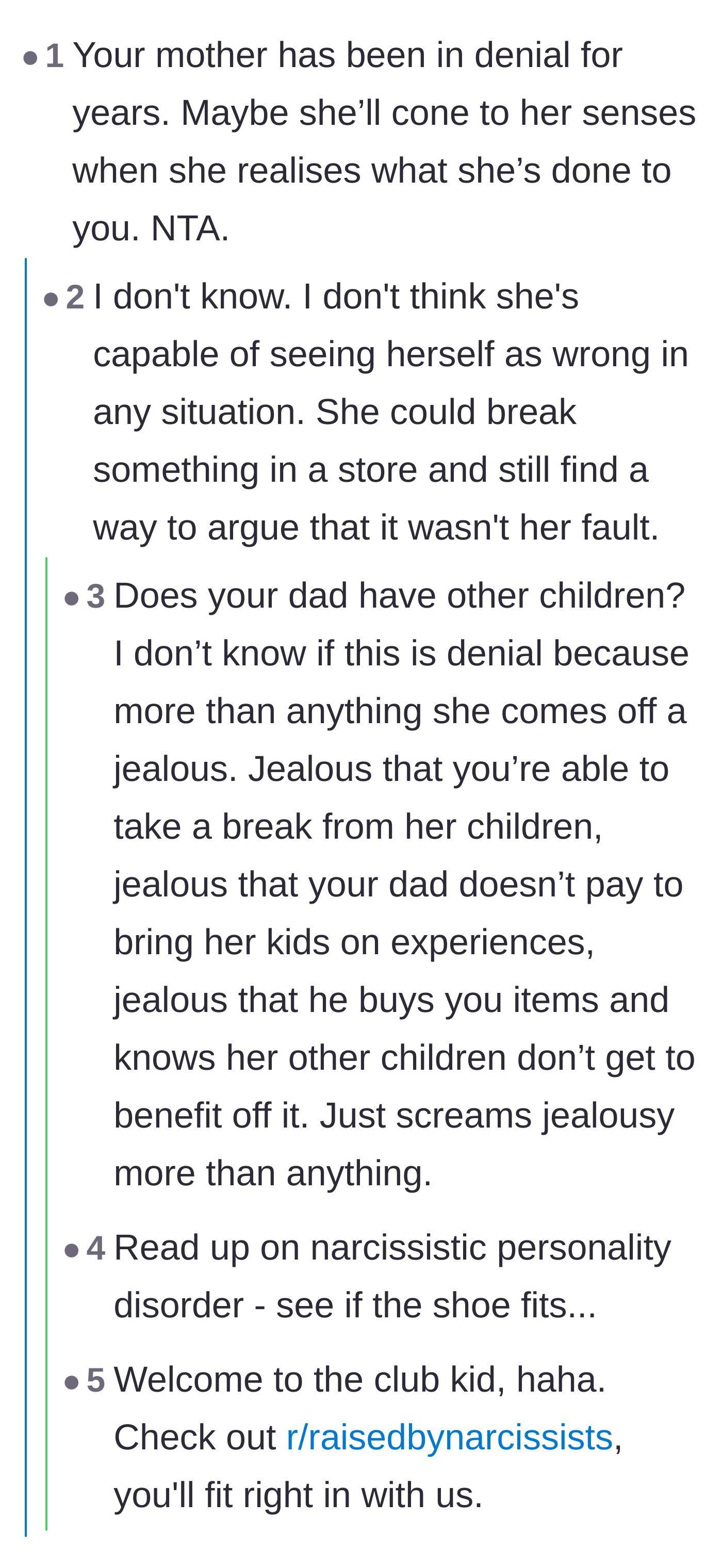 Comment thread 3 - A thread diagnosing the mother's inability to admit fault, sparked by the teen saying she'd break something and deny it.