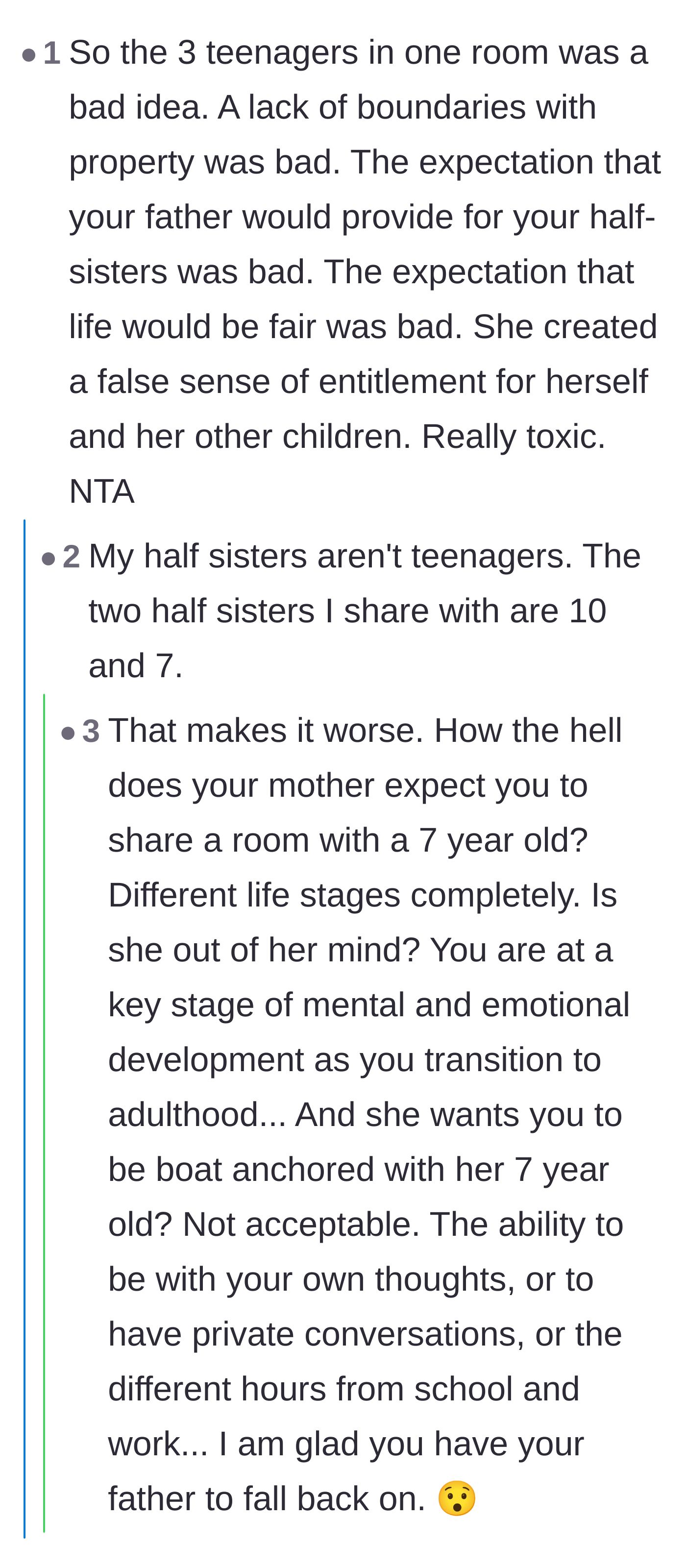 Comment thread 4 - Outrage over a 16-year-old being forced to share a room with a 7 and 10-year-old while the mother demands gratitude.
