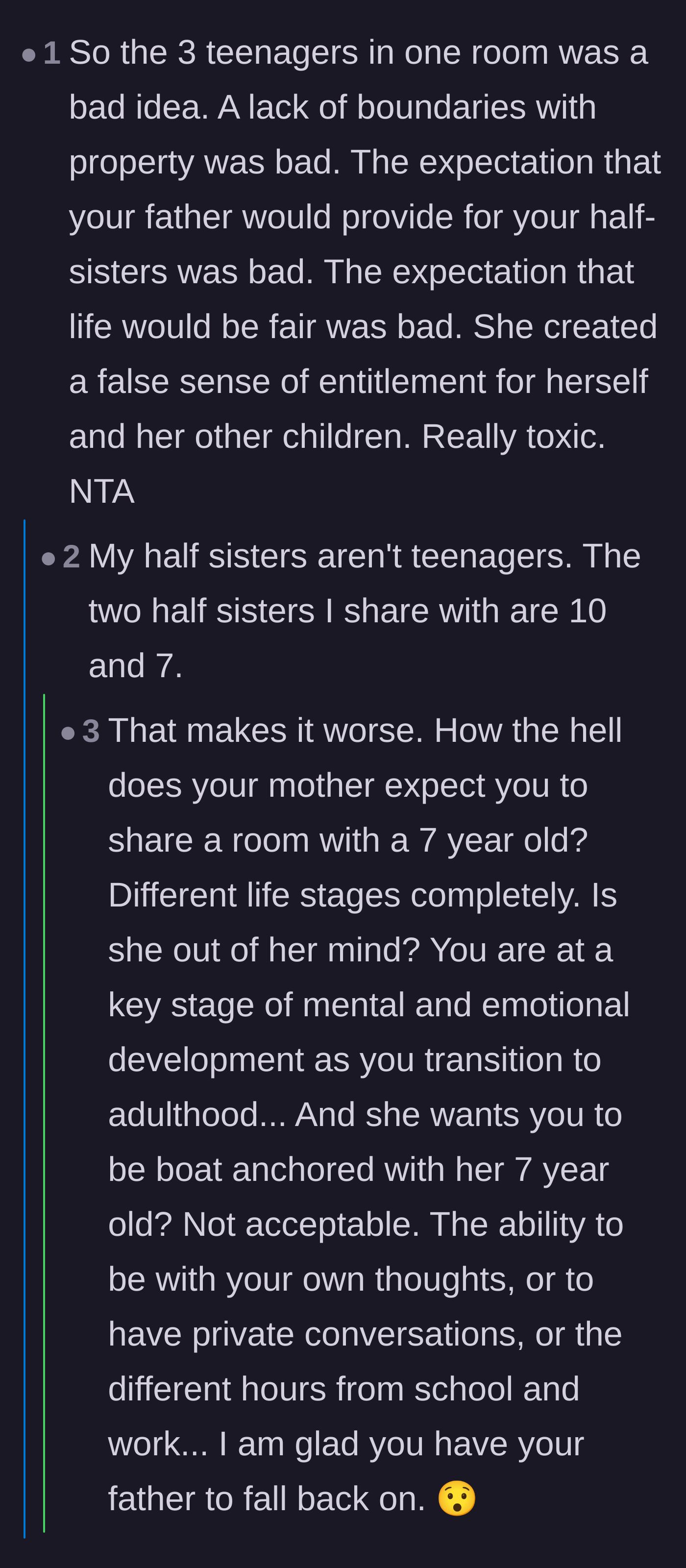Comment thread 4 - Outrage over a 16-year-old being forced to share a room with a 7 and 10-year-old while the mother demands gratitude.