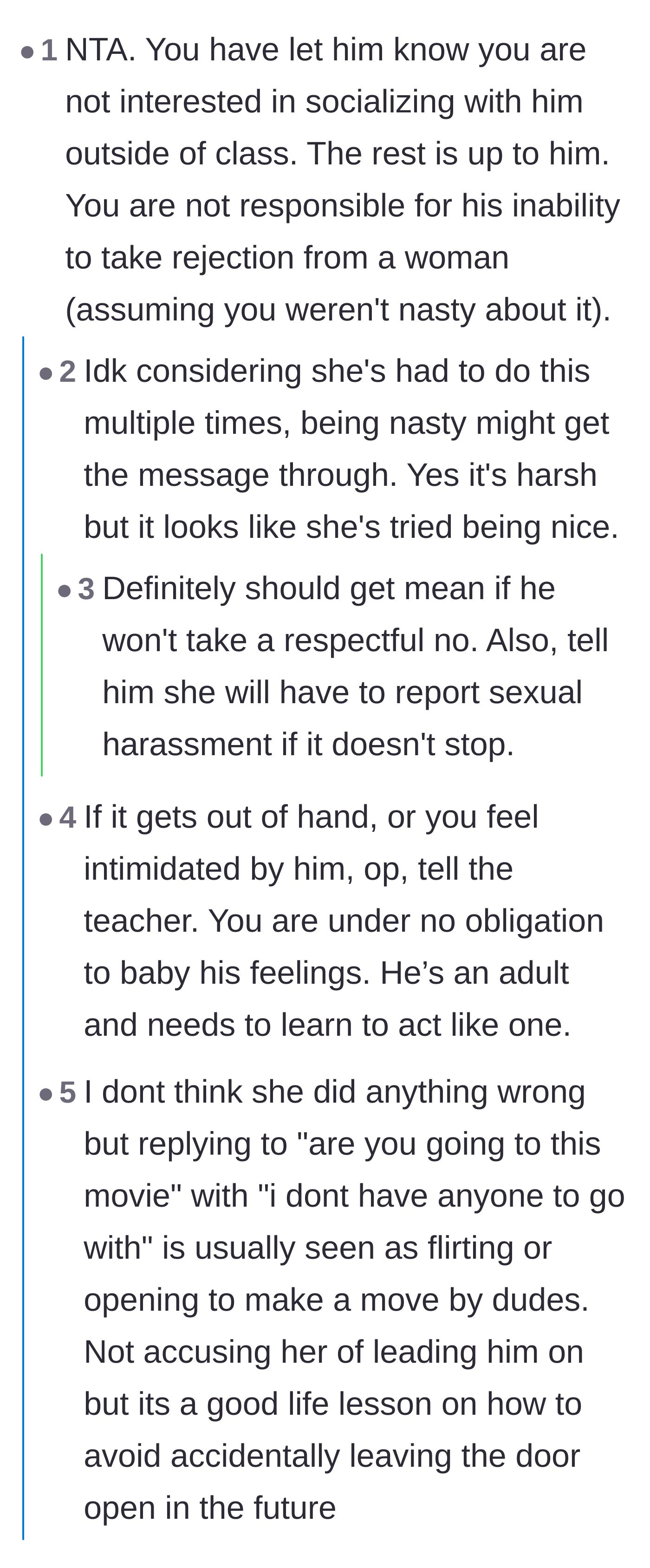 Comment thread 1 - Advice on escalating to a harsher rejection and reminding the student she isn't responsible for the man's feelings