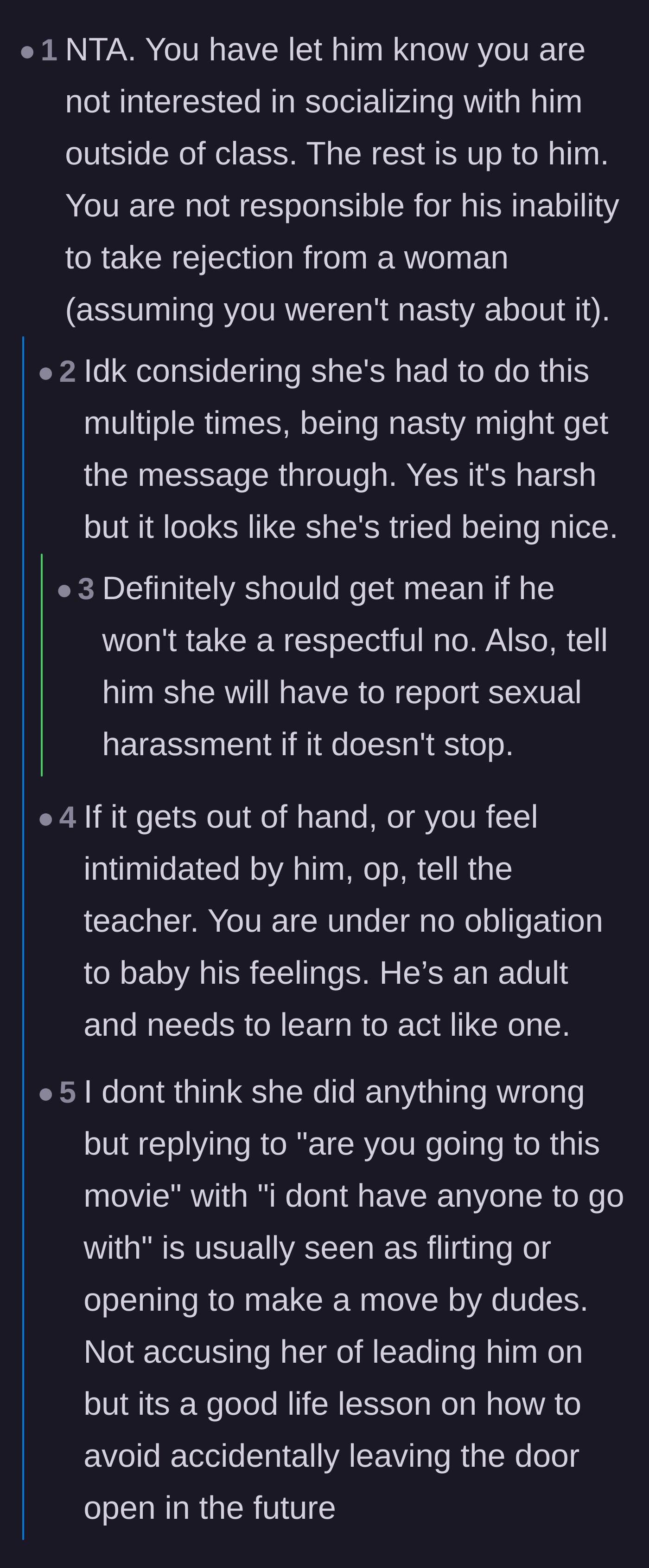 Comment thread 1 - Advice on escalating to a harsher rejection and reminding the student she isn't responsible for the man's feelings