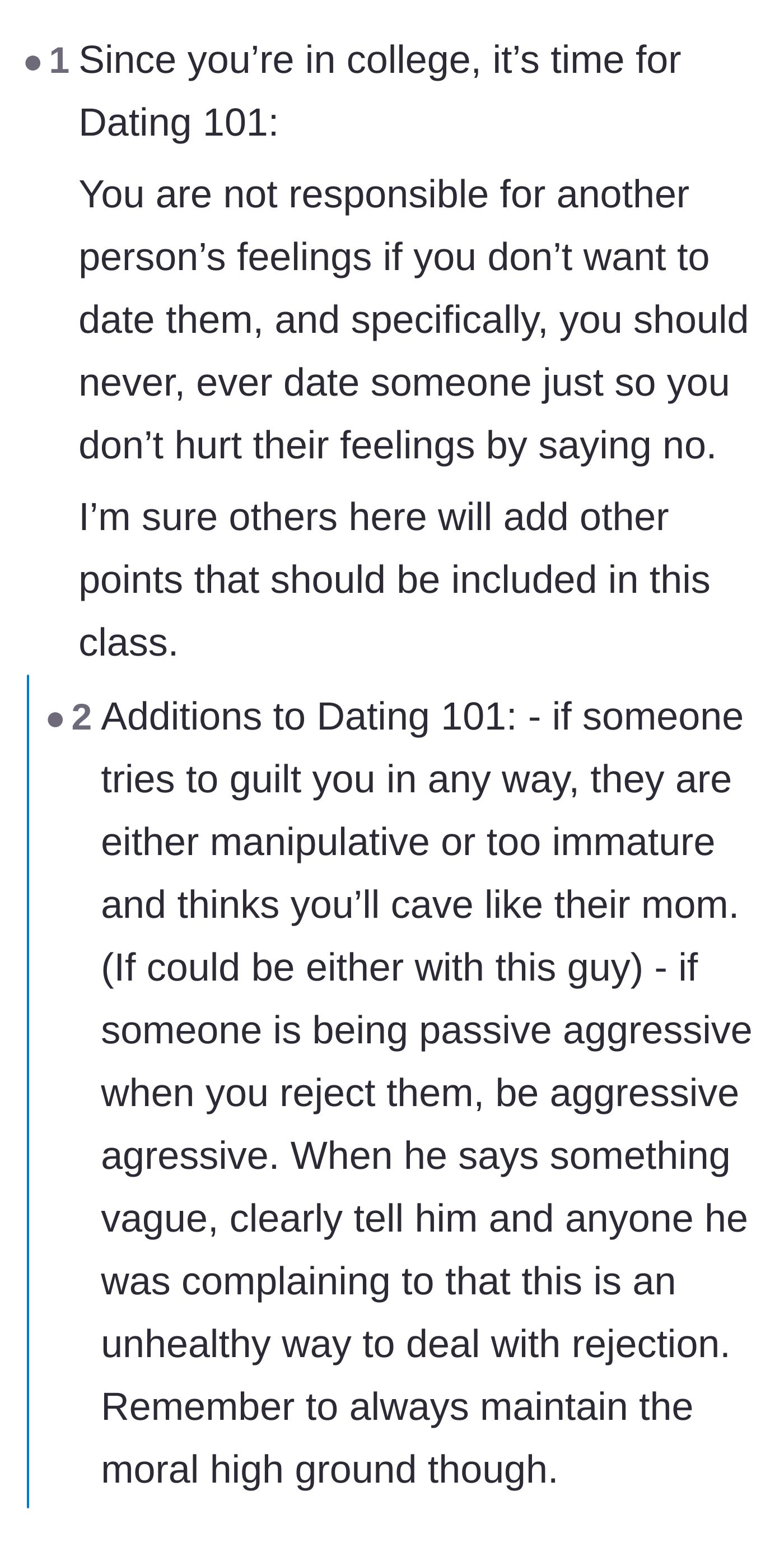 Comment thread 2 - A collaborative list of dating rules emphasizing that pity is a terrible reason to date someone