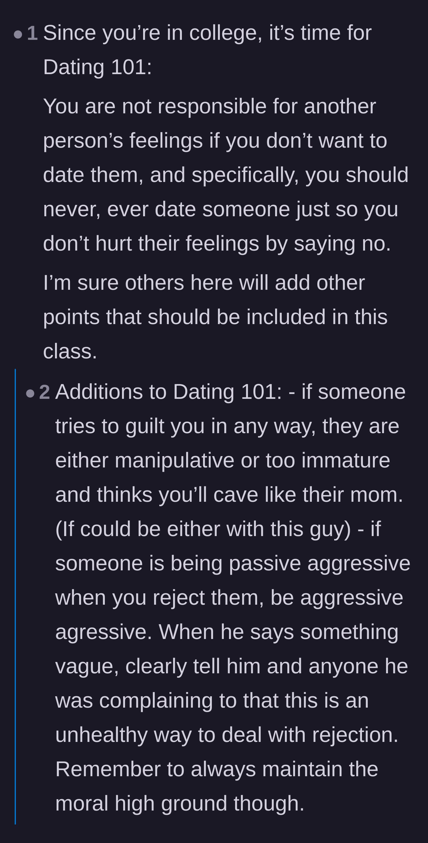 Comment thread 2 - A collaborative list of dating rules emphasizing that pity is a terrible reason to date someone
