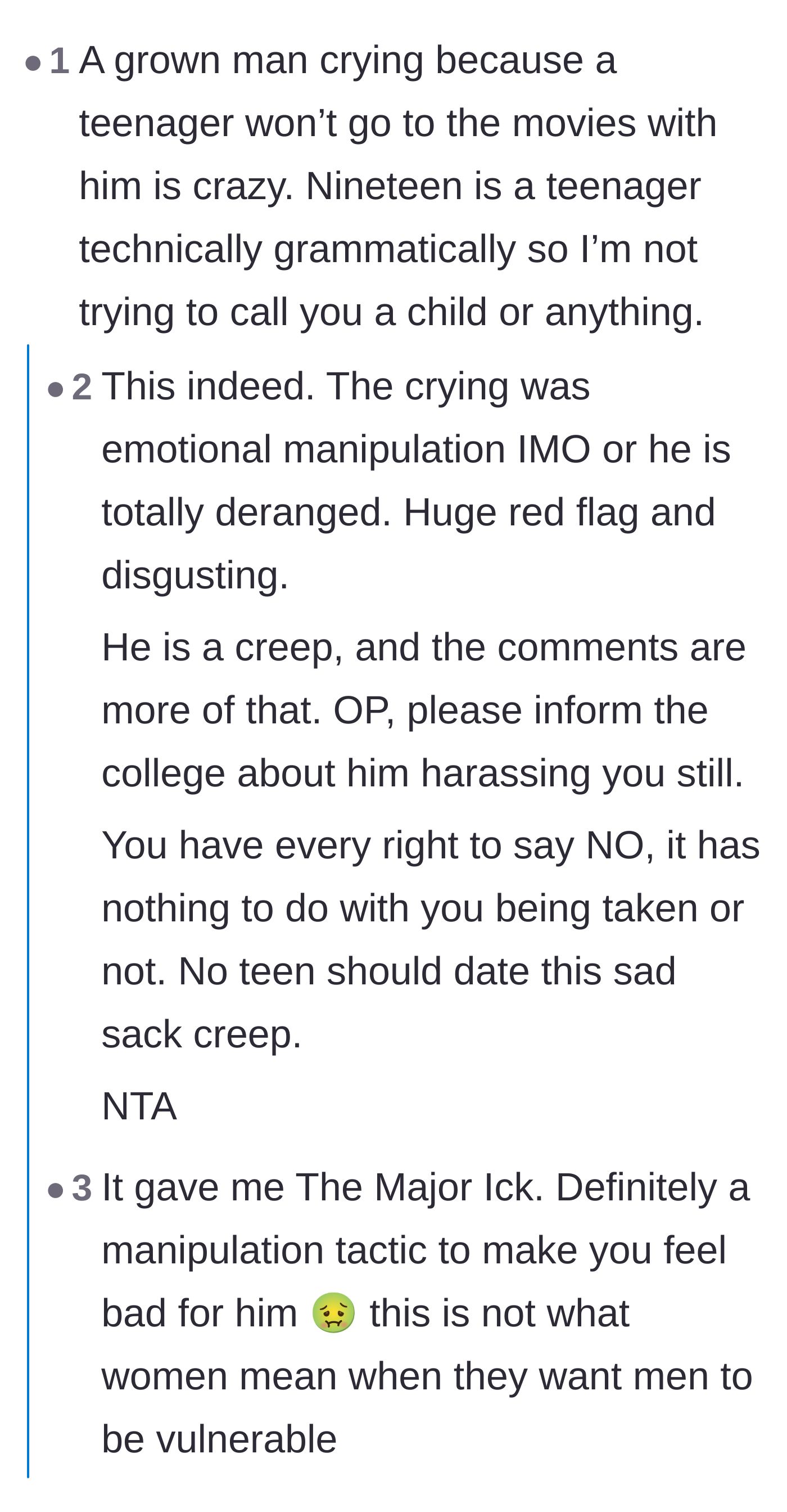 Comment thread 3 - Commenters expressing disgust over a thirty-year-old man using tears to manipulate a teenager