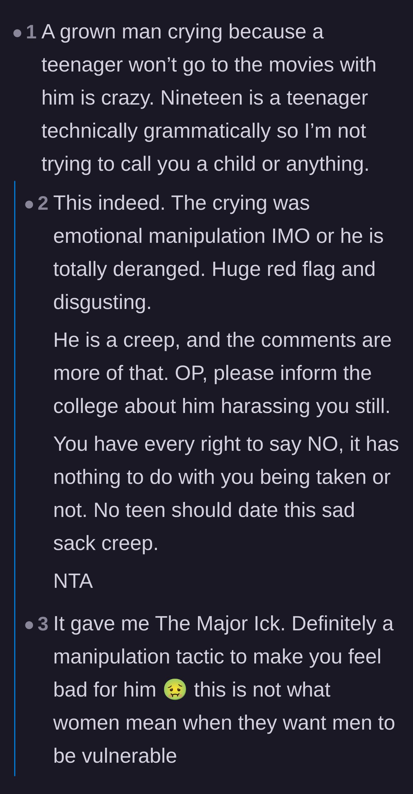 Comment thread 3 - Commenters expressing disgust over a thirty-year-old man using tears to manipulate a teenager