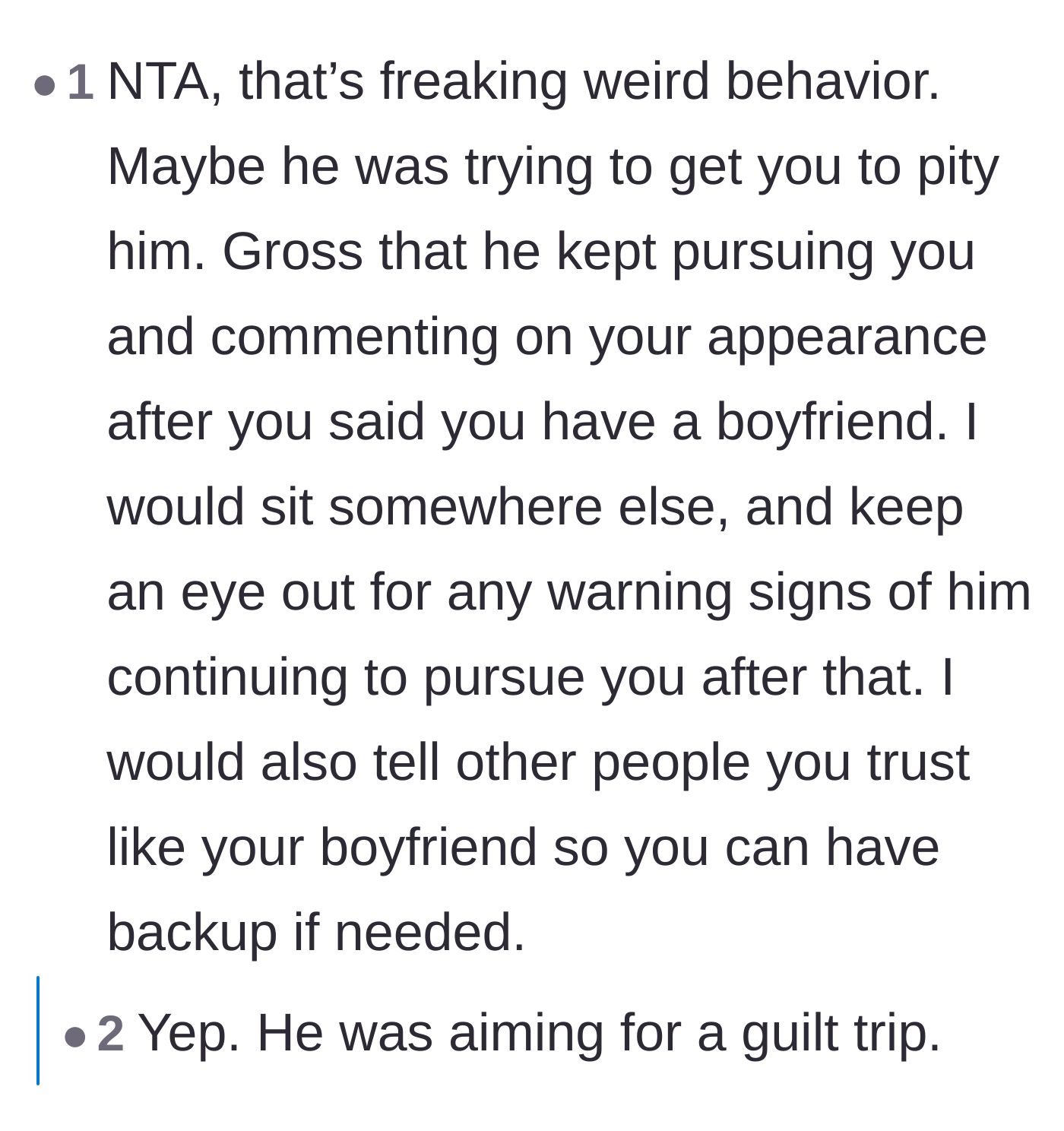 Comment thread 5 - Discussion about the man's weird behavior, guilt-tripping tactics, and the need to alert trusted friends
