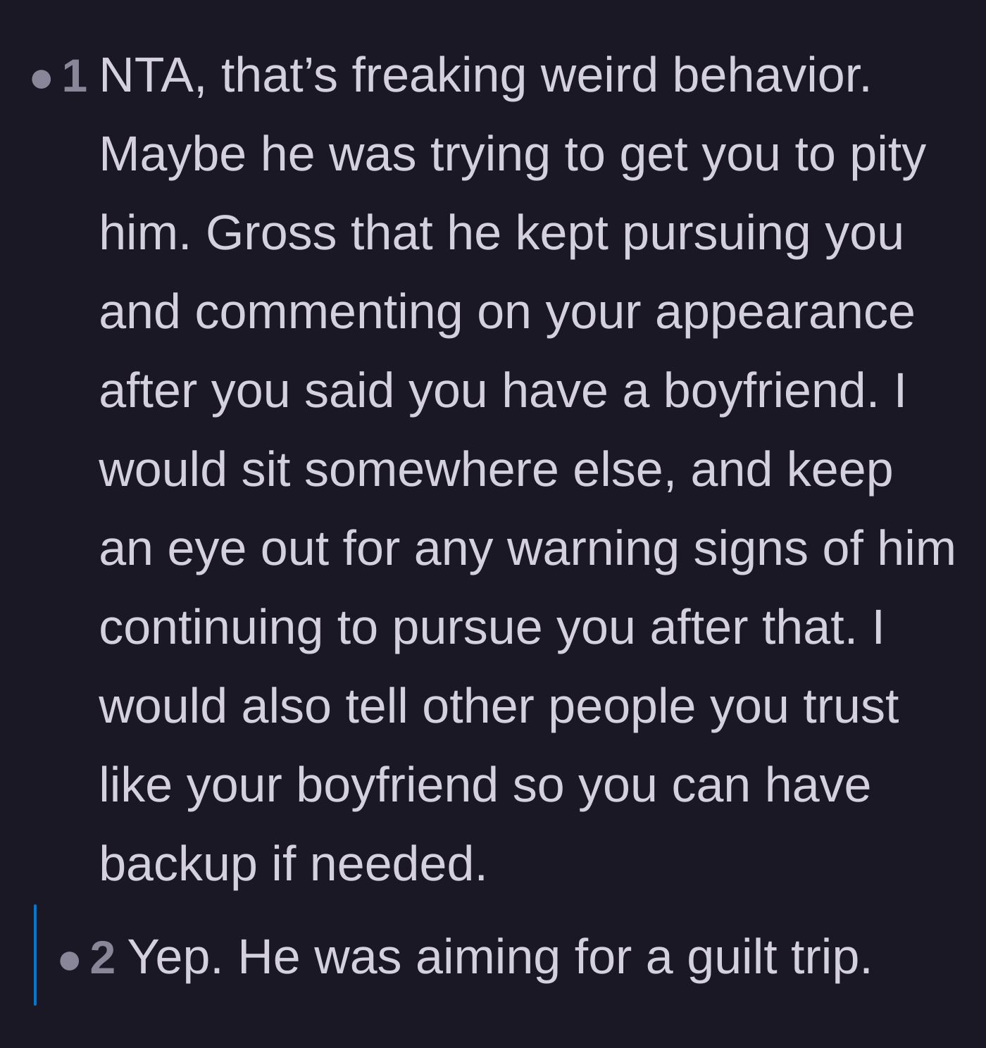 Comment thread 5 - Discussion about the man's weird behavior, guilt-tripping tactics, and the need to alert trusted friends