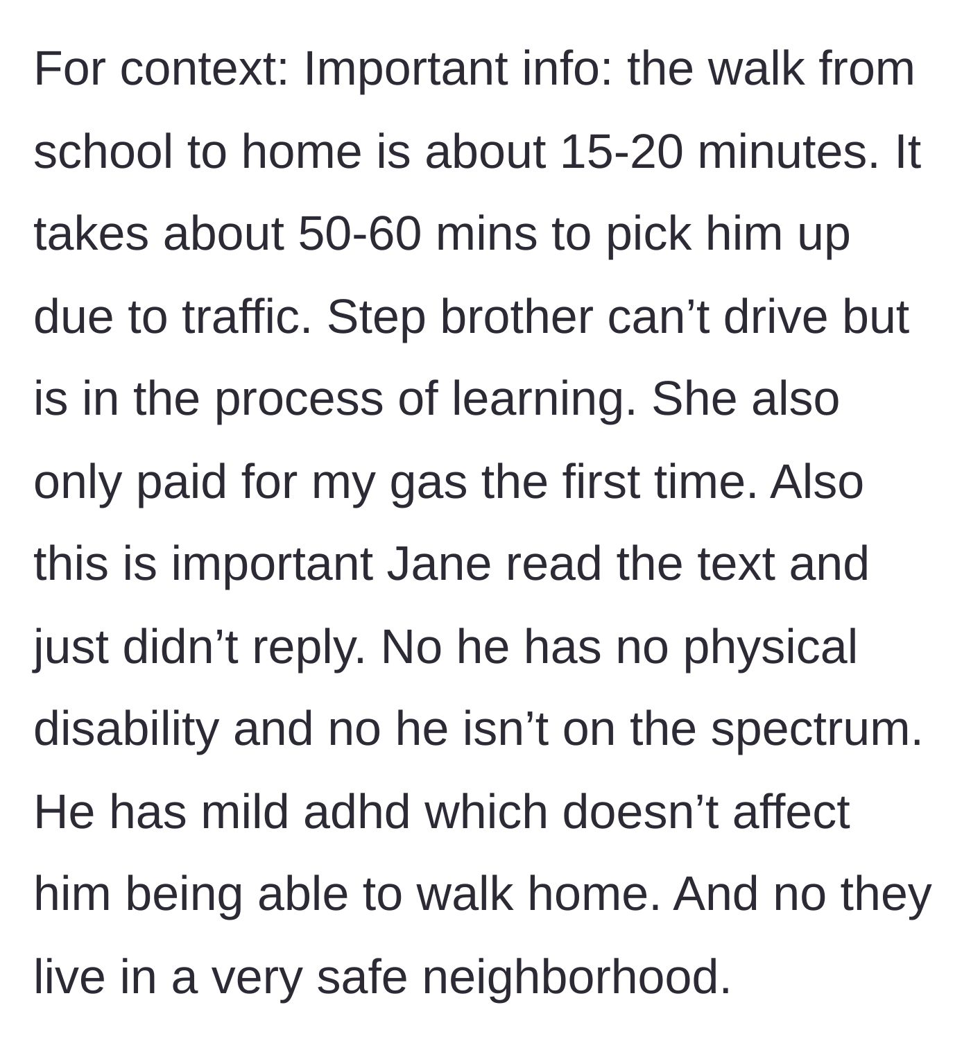 Story part 7 - Crucial context drops: a 60-minute unpaid round trip for the teen versus a healthy 16-year-old walking 15 minutes in a safe neighborhood.