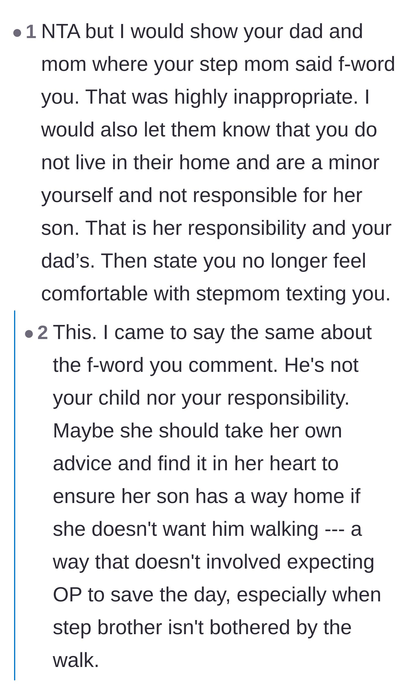 Comment thread 2 - A discussion about the stepmom swearing at a minor and the logistical absurdity of her being home but refusing to drive five minutes.