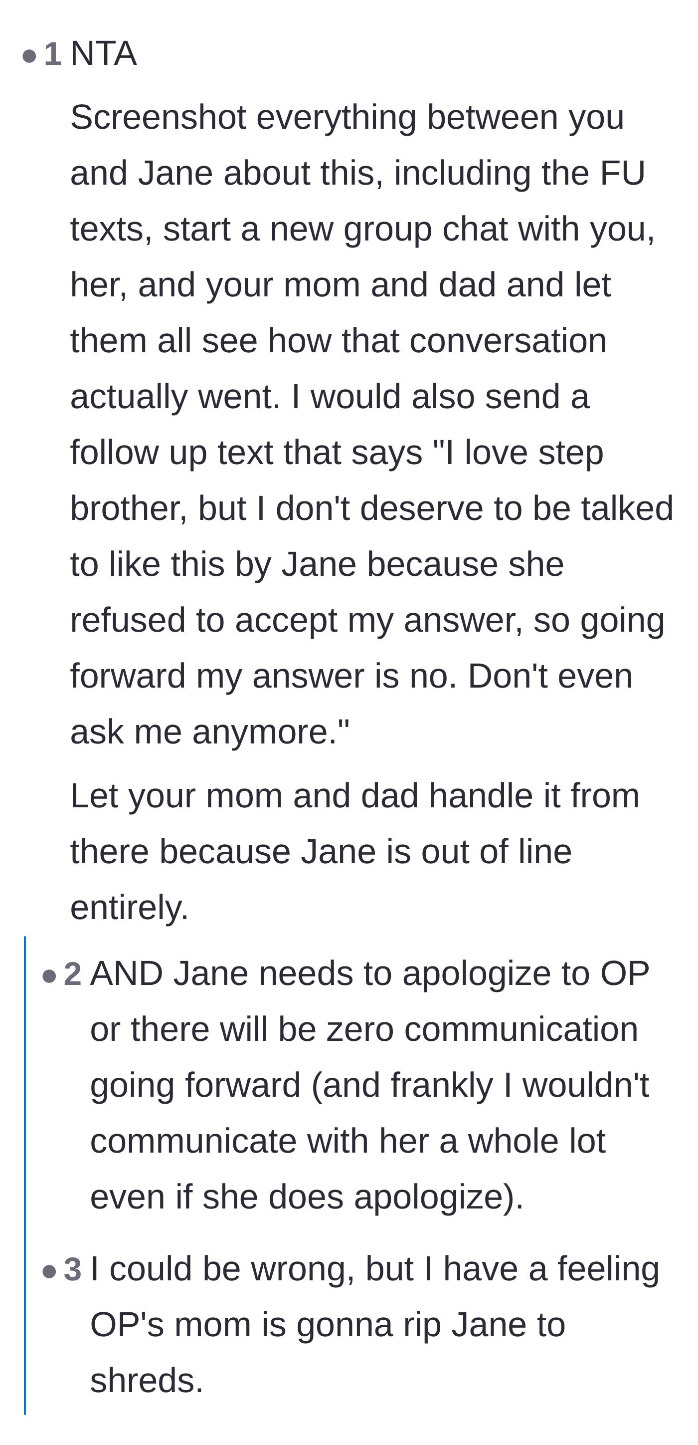 Comment thread 3 - Readers urge the teen to bring her biological mother into the chat to handle the stepmom's out-of-line behavior.