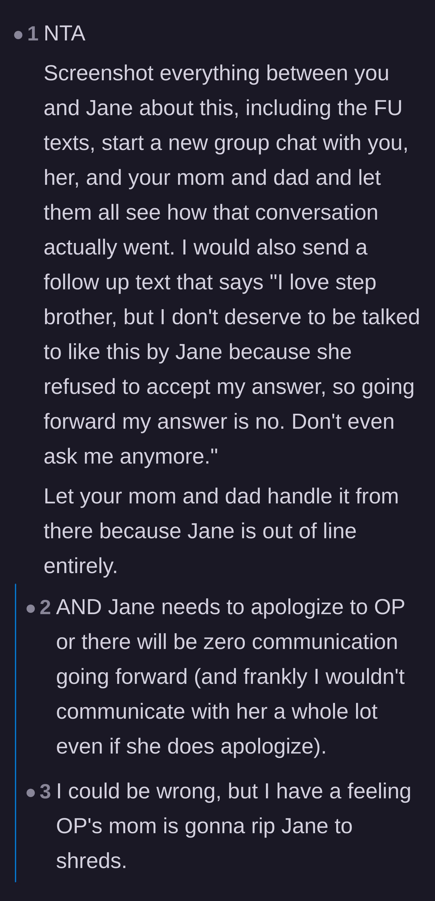 Comment thread 3 - Readers urge the teen to bring her biological mother into the chat to handle the stepmom's out-of-line behavior.