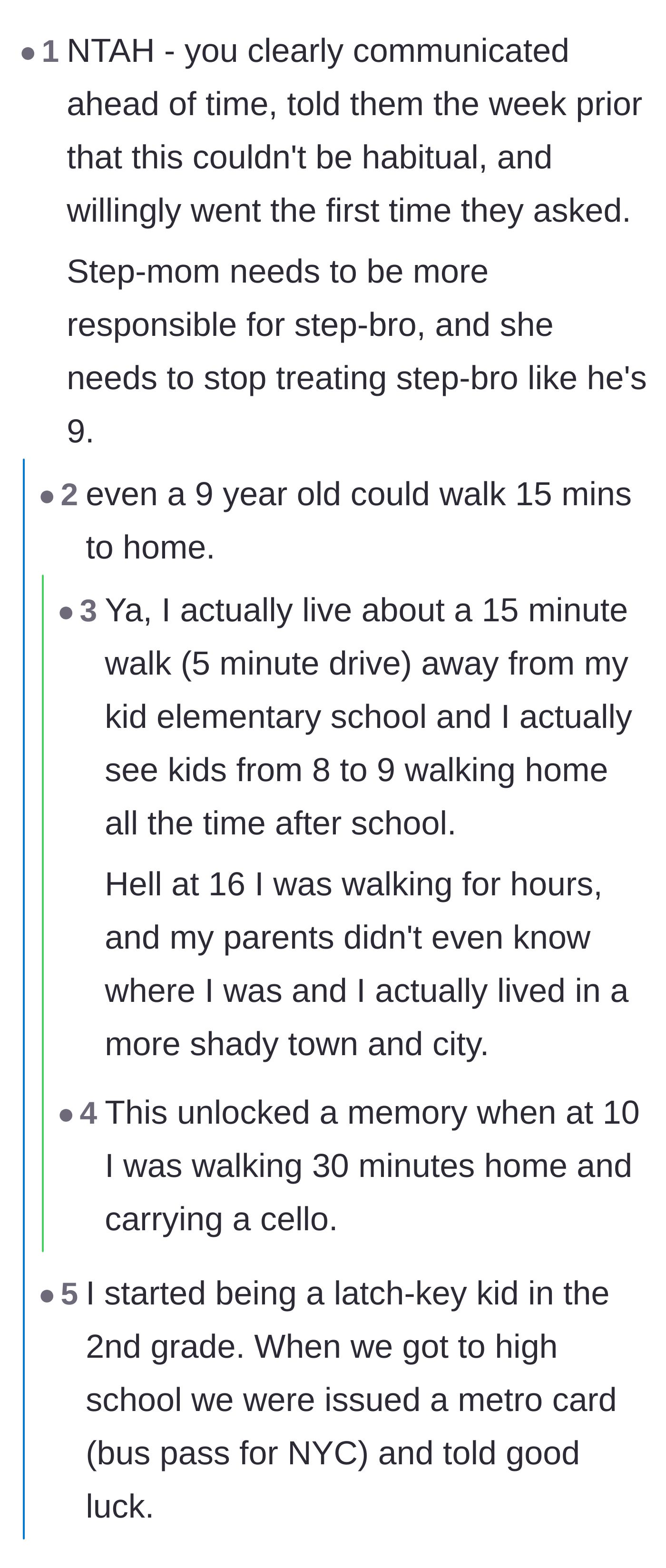 Comment thread 4 - A nostalgic thread sharing stories of walking much further distances at much younger ages, contrasting with the capable 16-year-old stepbrother.