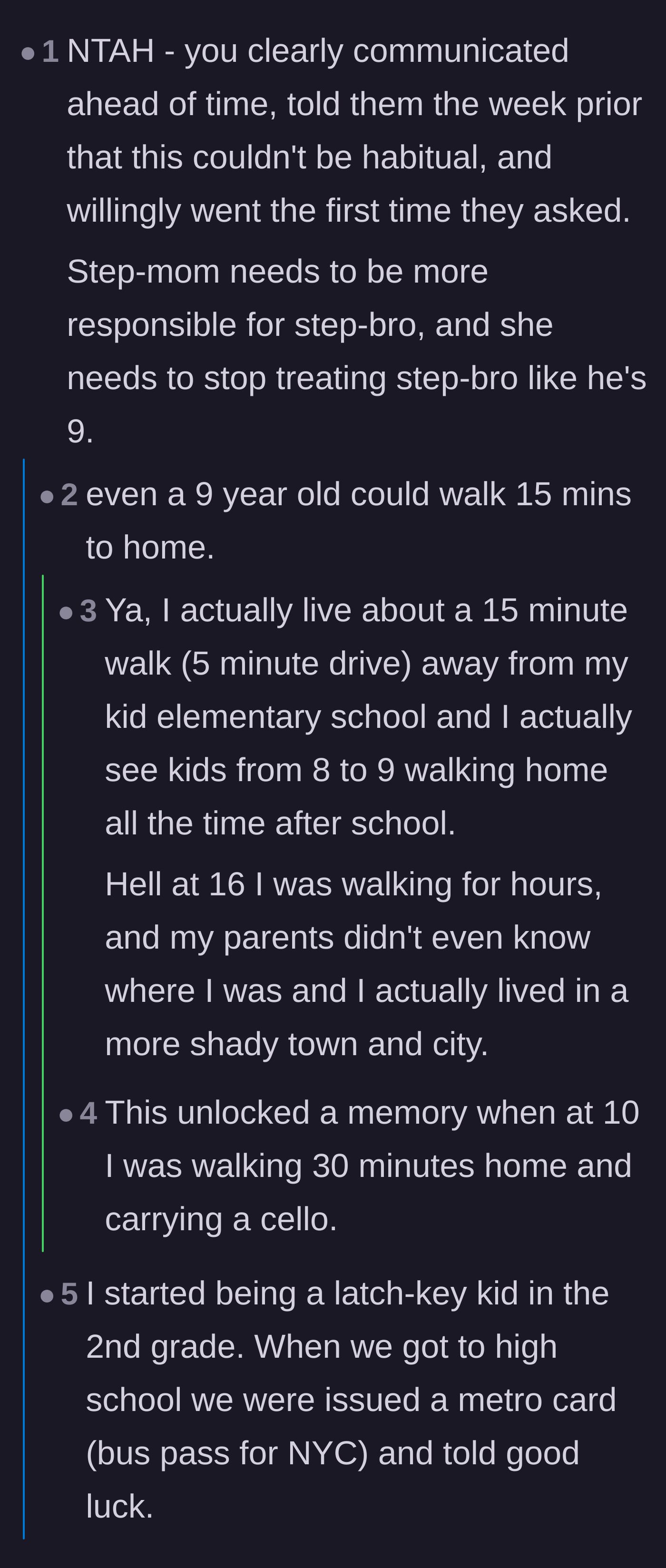 Comment thread 4 - A nostalgic thread sharing stories of walking much further distances at much younger ages, contrasting with the capable 16-year-old stepbrother.