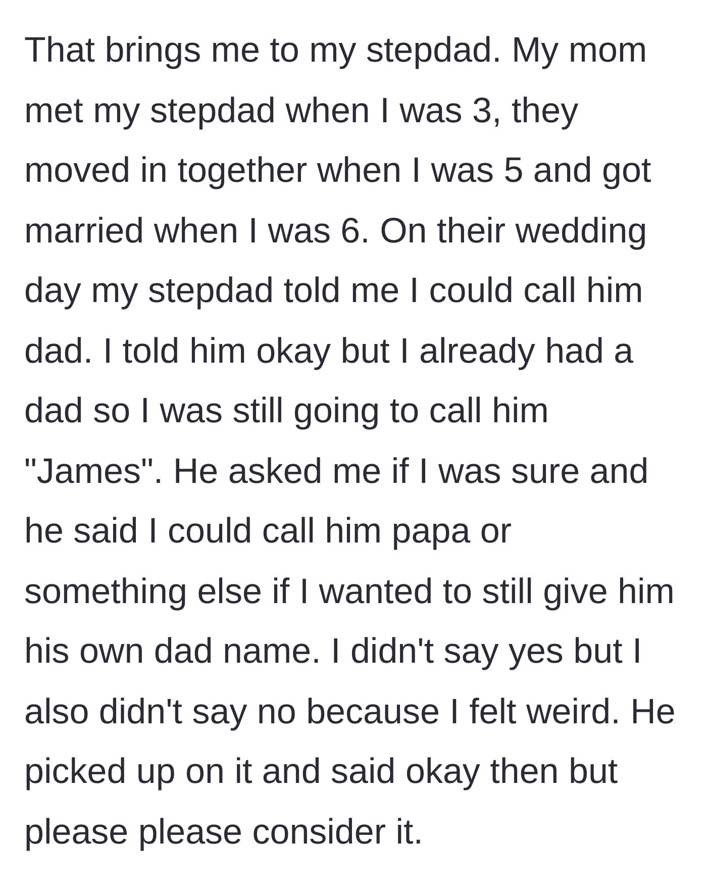 Story part 2 - The stepdad corners the six-year-old boy on his wedding day, pressuring him to call him 'dad.'